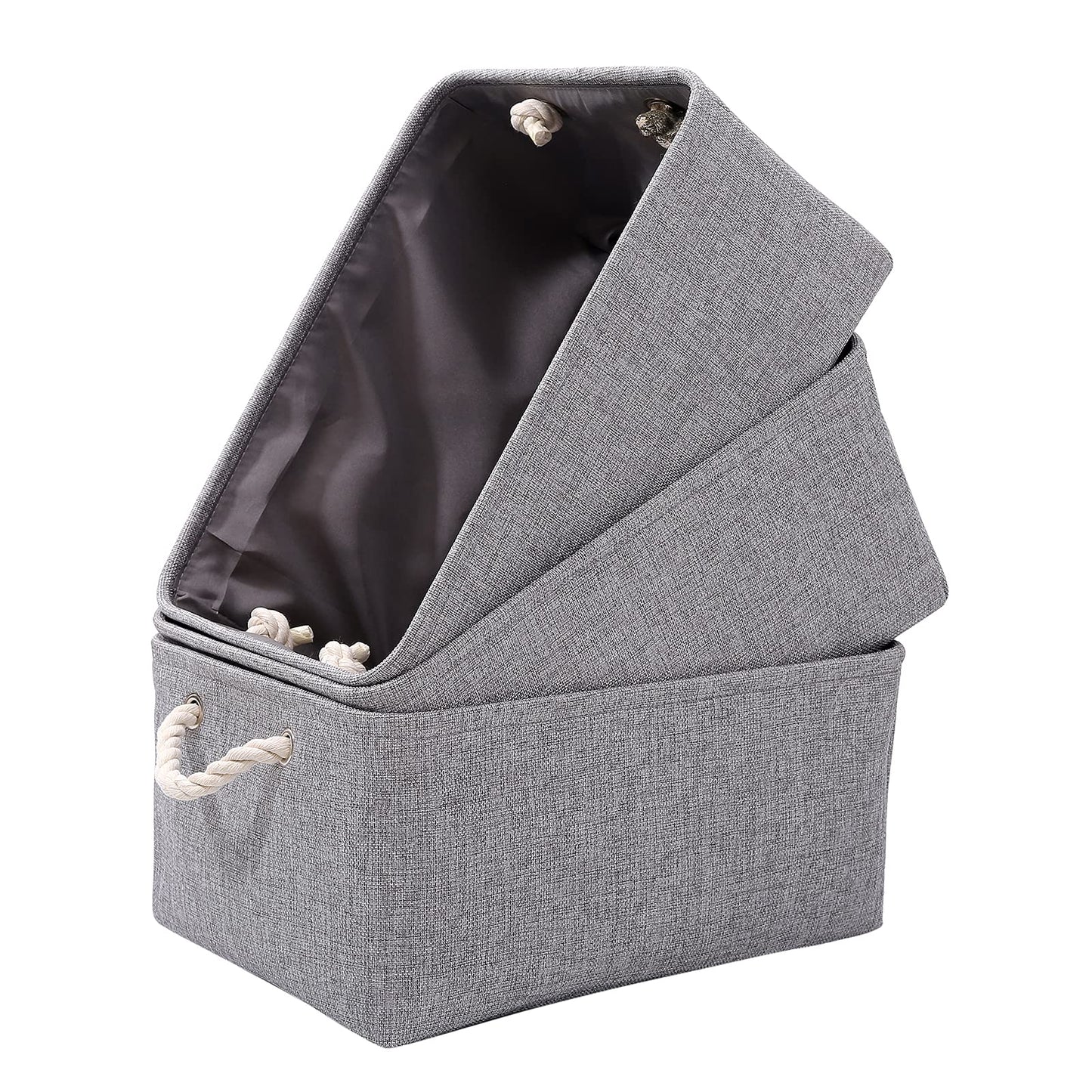 PWVMWM Small Grey Storage Box with Handles, 3 Pcs Thicken Canvas Storage Boxes, Wardrobe Storage Baskets, Collapsible Linen Storage Box for Toys
