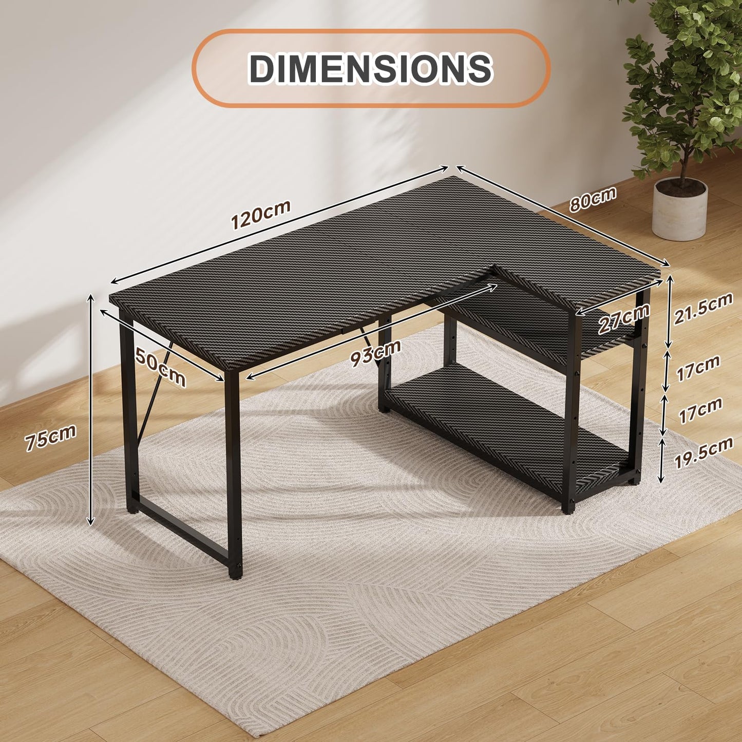 JUMMICO L Shaped Desk 120x80cm with Storage, Corner Computer Desk with Reversible Shelf, Sturdy Office Desk & Workstations for Home Office