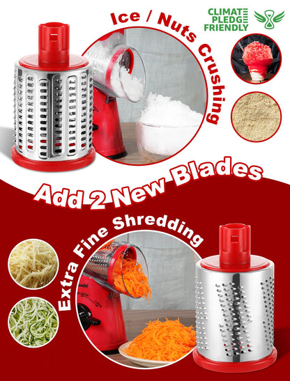 Geedel Cheese Grater, Vegetable Slicer with 5 Replaceable Blades, Rotary Drum Grater for Cheese Cucumber Carrot Potato Nut, Ice Crusher for Smoothie
