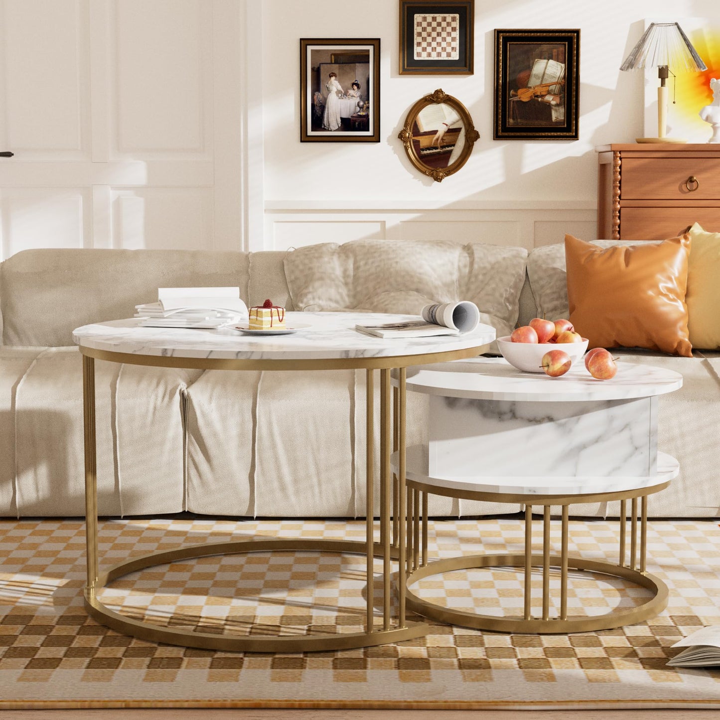 PURFINO Round Coffee Table - 70cm/50cm Nesting Tables Set of 2, Hydraulic Lift-Top with Hidden Storage, Centre Table for Living Room, Small Space