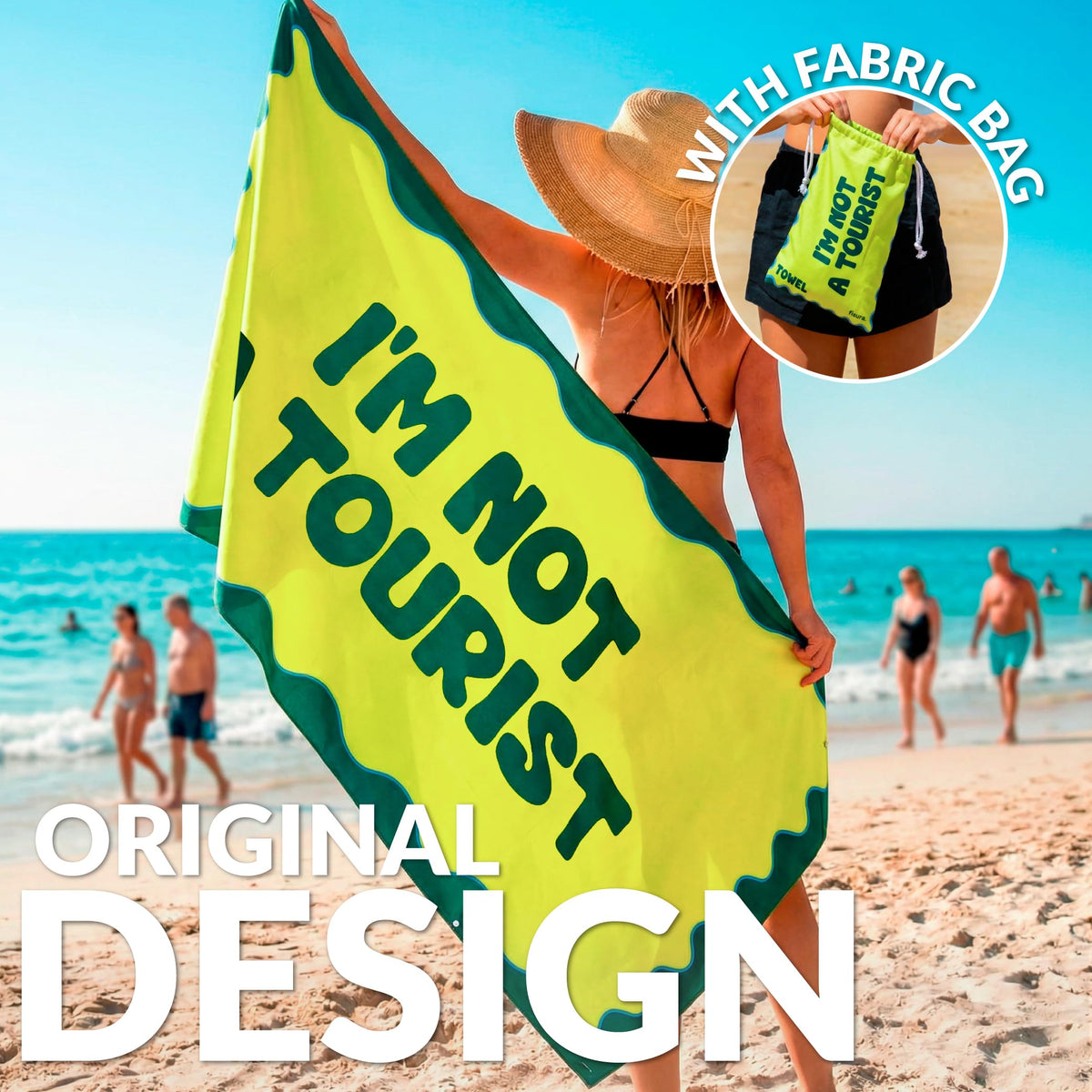 Fisura - Large Microfibre Beach Towel Green “I’m Not a Tourist” – Quick Dry, Sand Free & Lightweight – Travel, Pool, Camping & Picnic Towel
