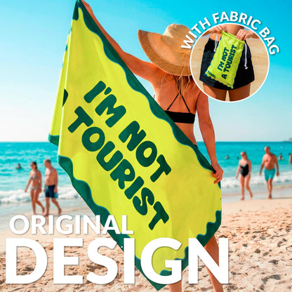 Fisura - Large Microfibre Beach Towel Green “I’m Not a Tourist” – Quick Dry, Sand Free & Lightweight – Travel, Pool, Camping & Picnic Towel