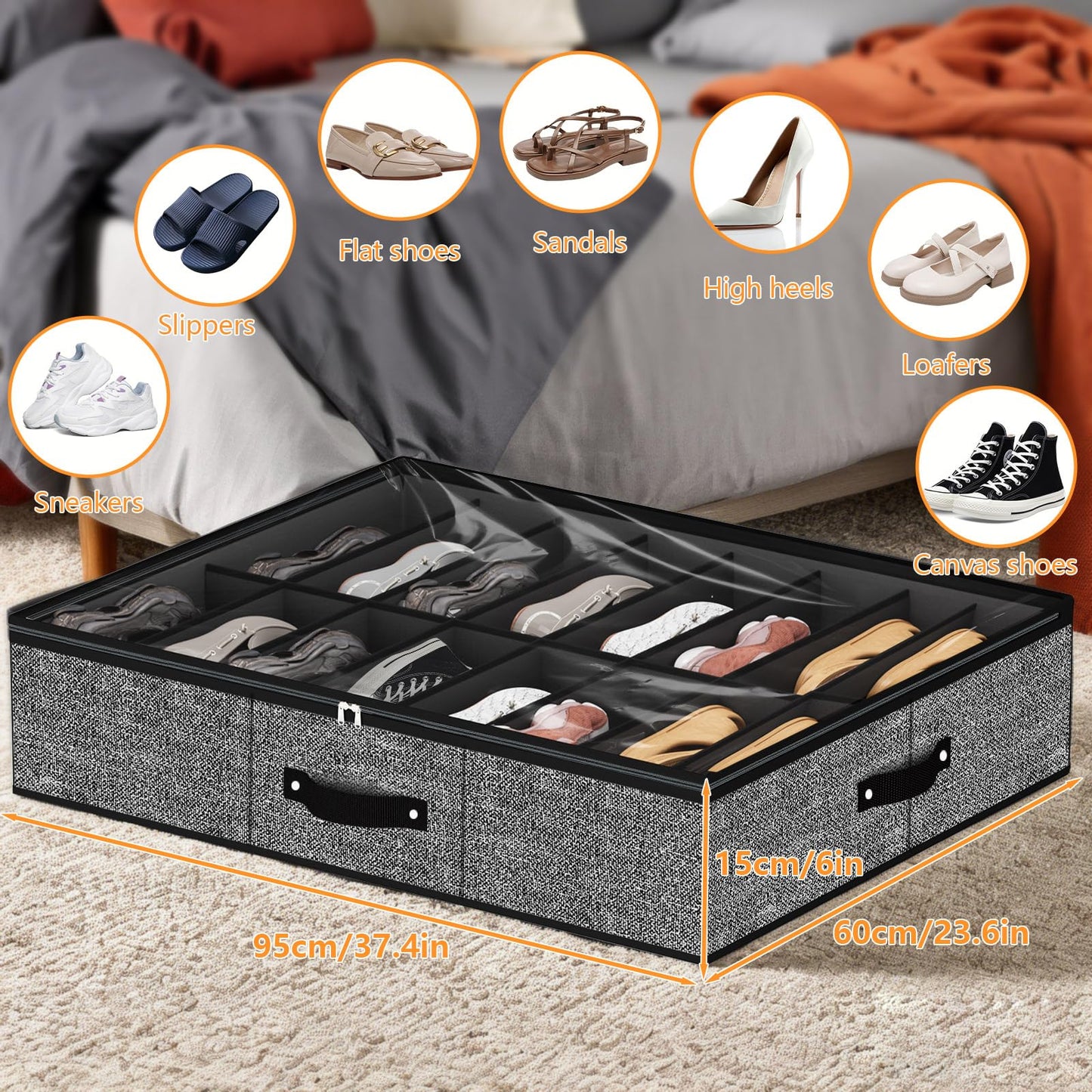 VERONLY 32 Pairs Shoe Storage Box, Under Bed Storage Organiser, Organizador De Zapatos, Extra Large Zapateras Organiser, Black, Set of 2