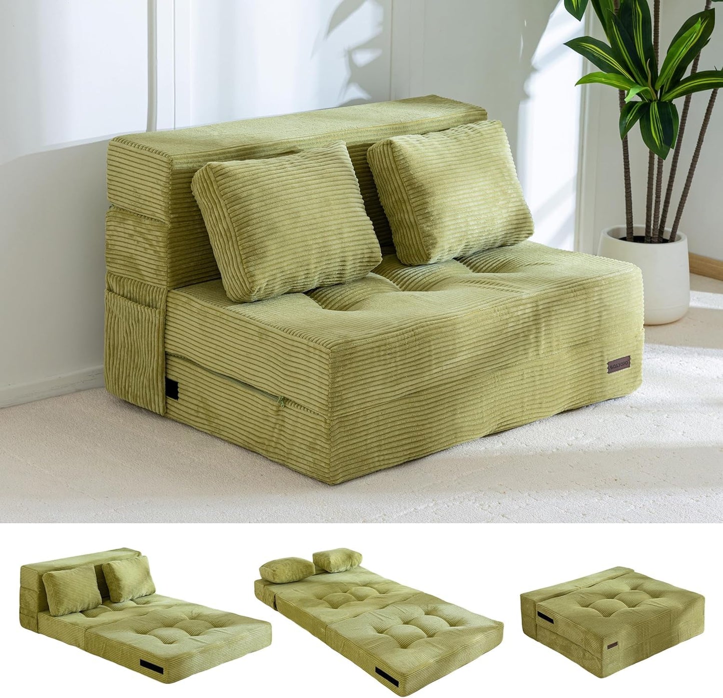 MAXYOYO Folding Foam Sofa Bed, Tri-Fold Mattress with 2 Pillows, Convertible Sofa Chair Futon Z Bed with 15cm Thincken Foam