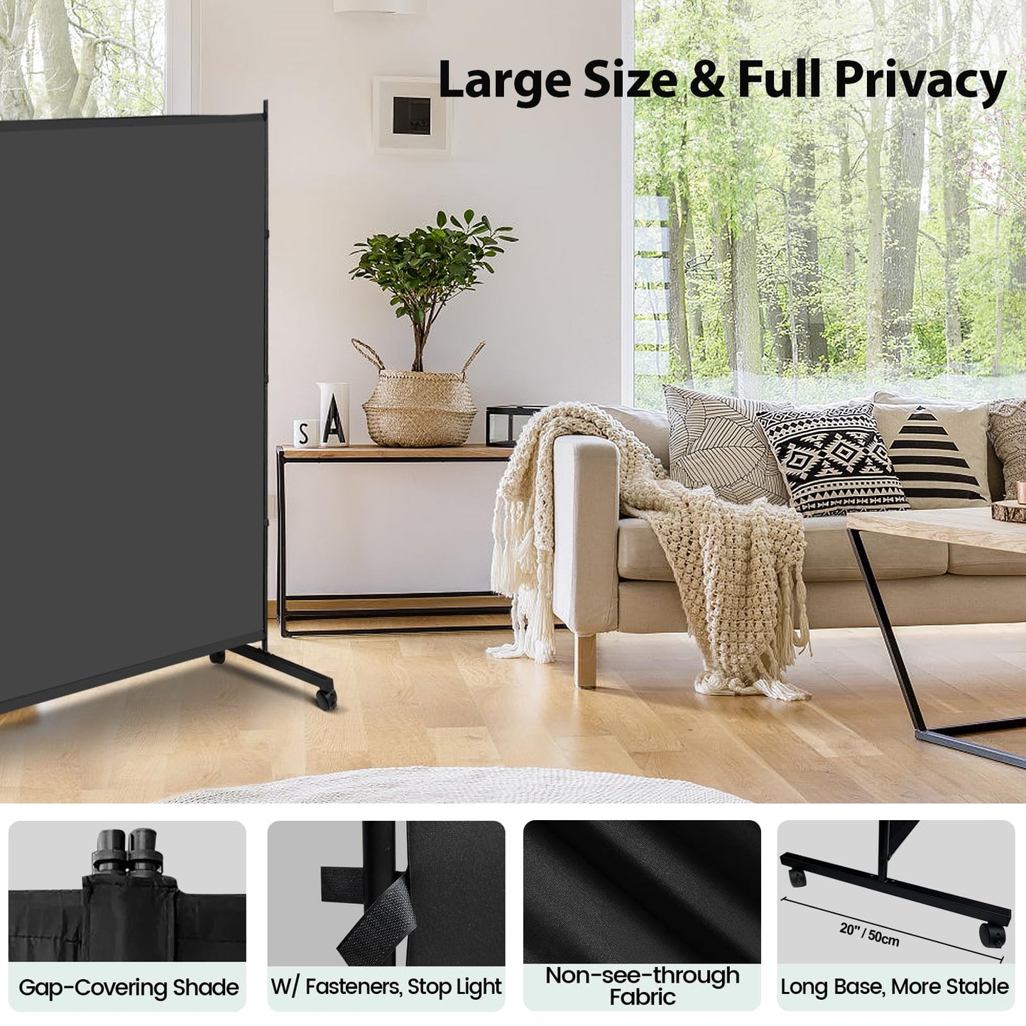 KEORTUN Single Large Room Divider Panel 180W x 190H cm Freestanding Privacy Screen Partition on Wheels for Office, Living Room and Bedroom, Grey