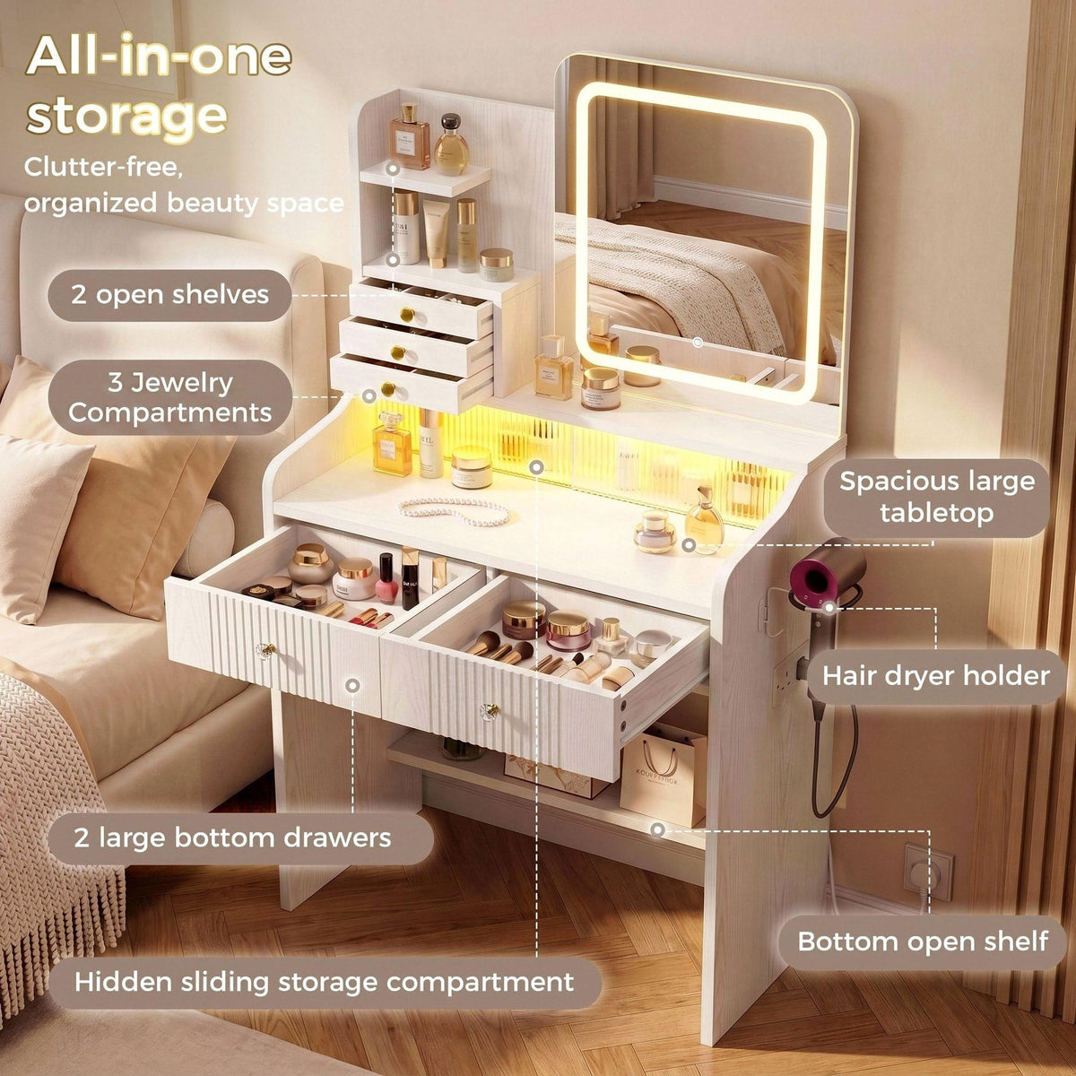 IRONCK Dressing Table with LED Mirror & RGB Lights, Makeup Vanity with Sliding Door Hidden Storage, Power Outlet, Hairdryer Holder