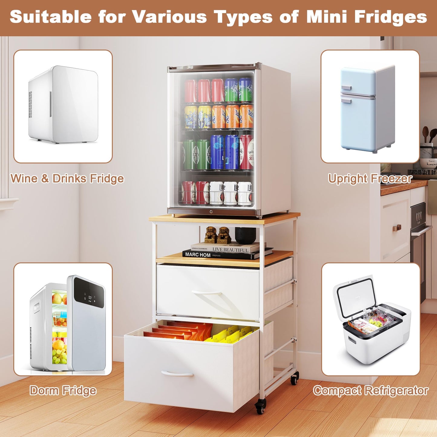 Turosur Mini Fridge Stand with Storage & Wheels, drinks fridge stand 167KG