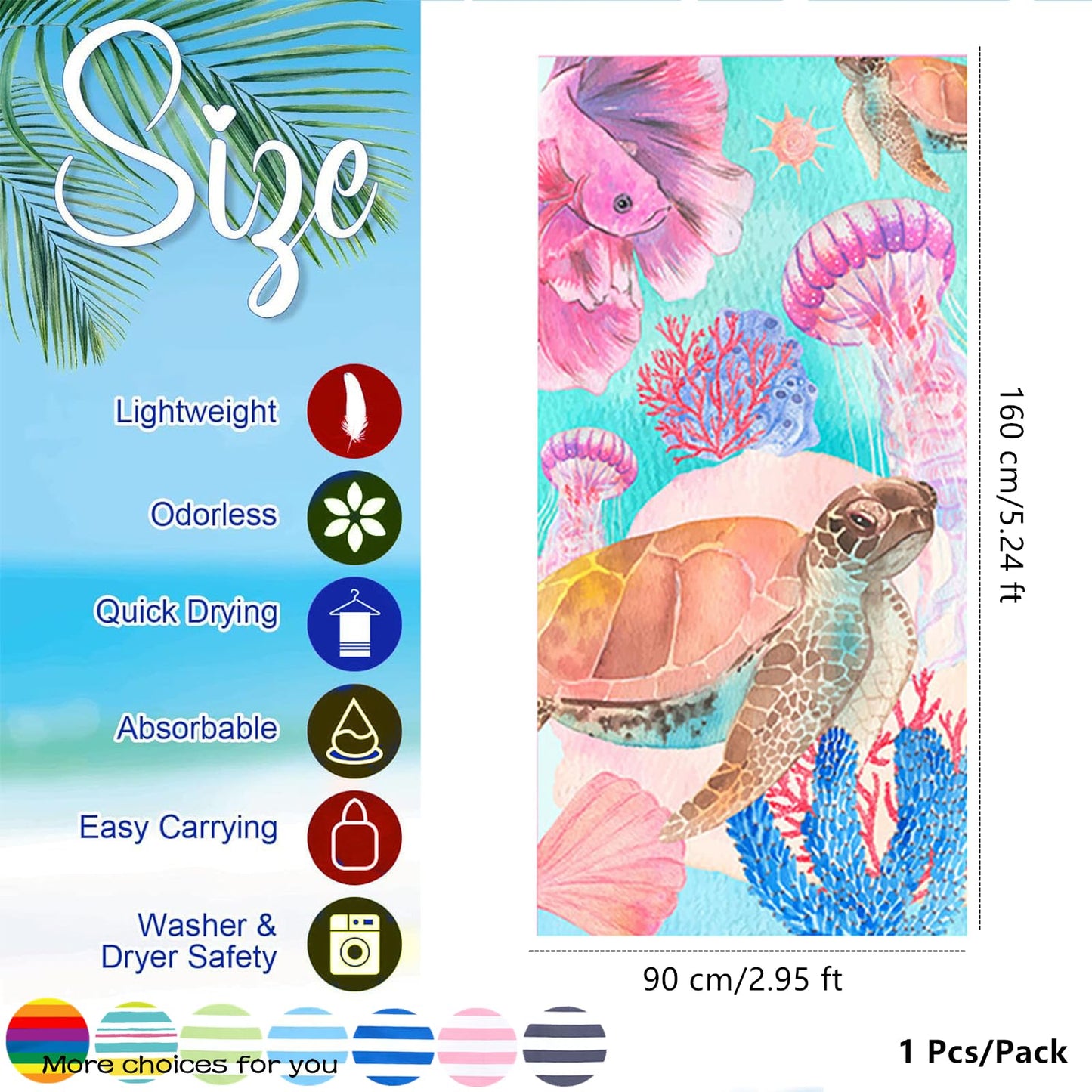Large Microfibre Pink Turtle Sand Free Travel Swim Towel - 160x90cm, Lightweight Quick Dry, Compact and Thin Sports Beach Towel for Women Men