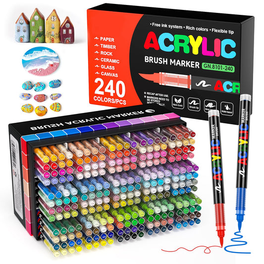 Sanyetral 240 colors Acrylic Brush Markers Set, Brush Tip Acrylic Paint Pens for Paper, Clothes, Shoes, Stones, Mugs, Ceramic, Metal, Art Crafts