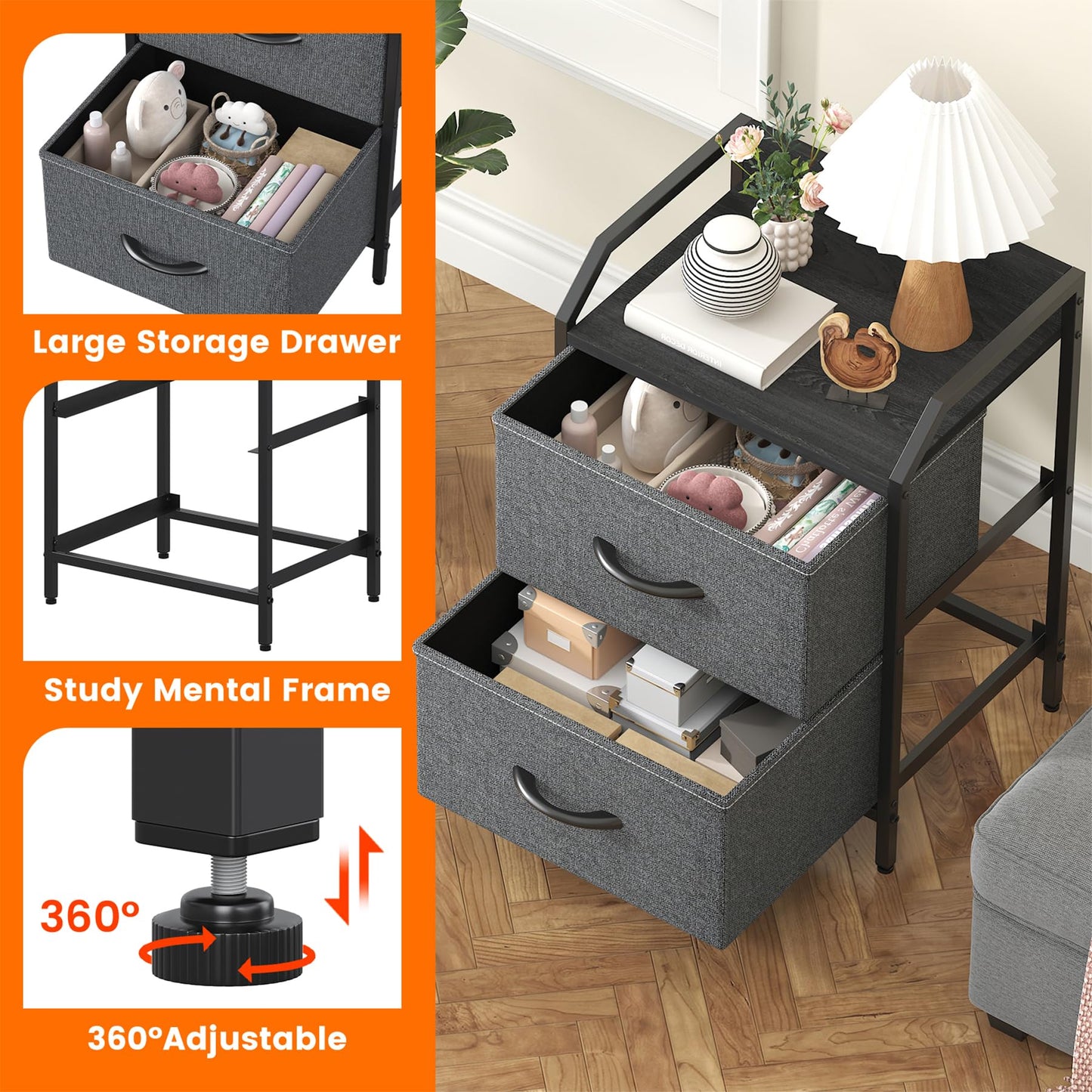 Feonase Bedside Table, Bedroom Bedside Cabinet with 2 Fabric Drawers, Nightstand Side Table for Bedrooms, Living Rooms (Deep Gray)