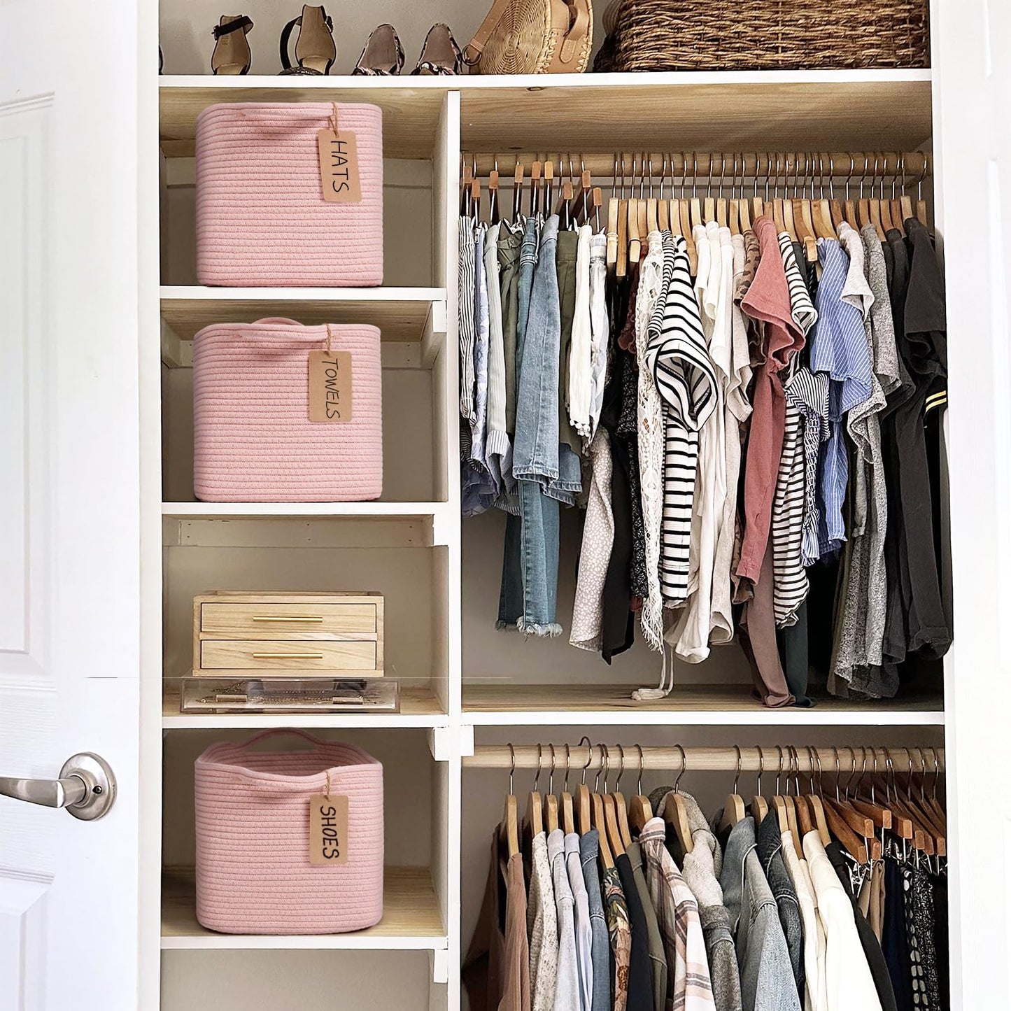 TIMEYARD Pink Cotton Rope Storage Basket Woven Shelf Basket for Organising