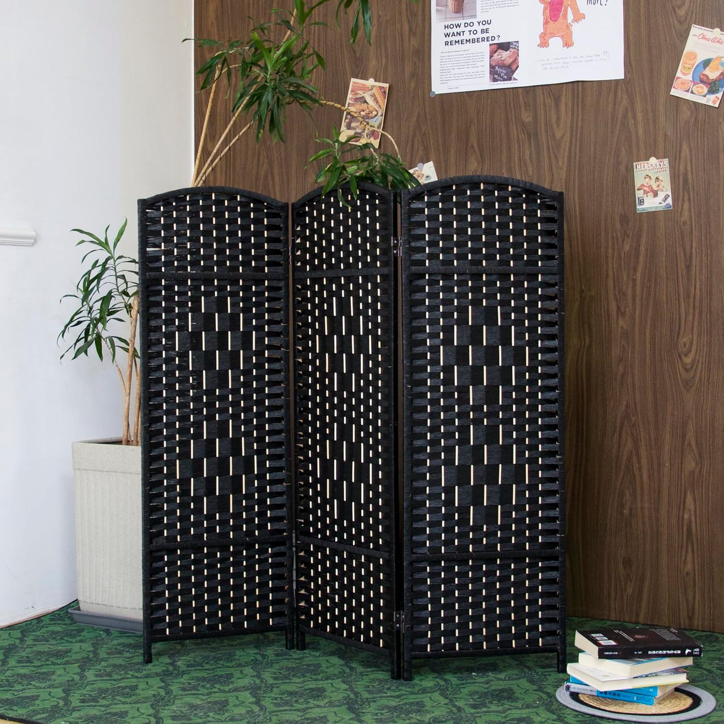 Furnnylane 3 Panel Black Rattan Divider Short Room Partition Screen,Double Sided Short Folding Divider for Room Separation,120 cm Tall