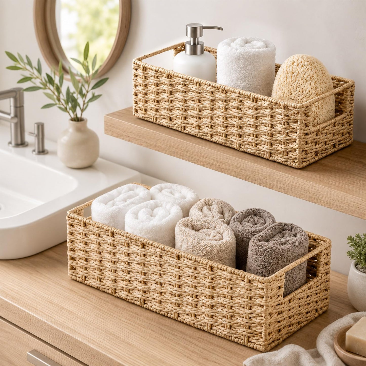 Wicker Bathroom Storage Baskets Set of 2 Seagrass Woven Organizer