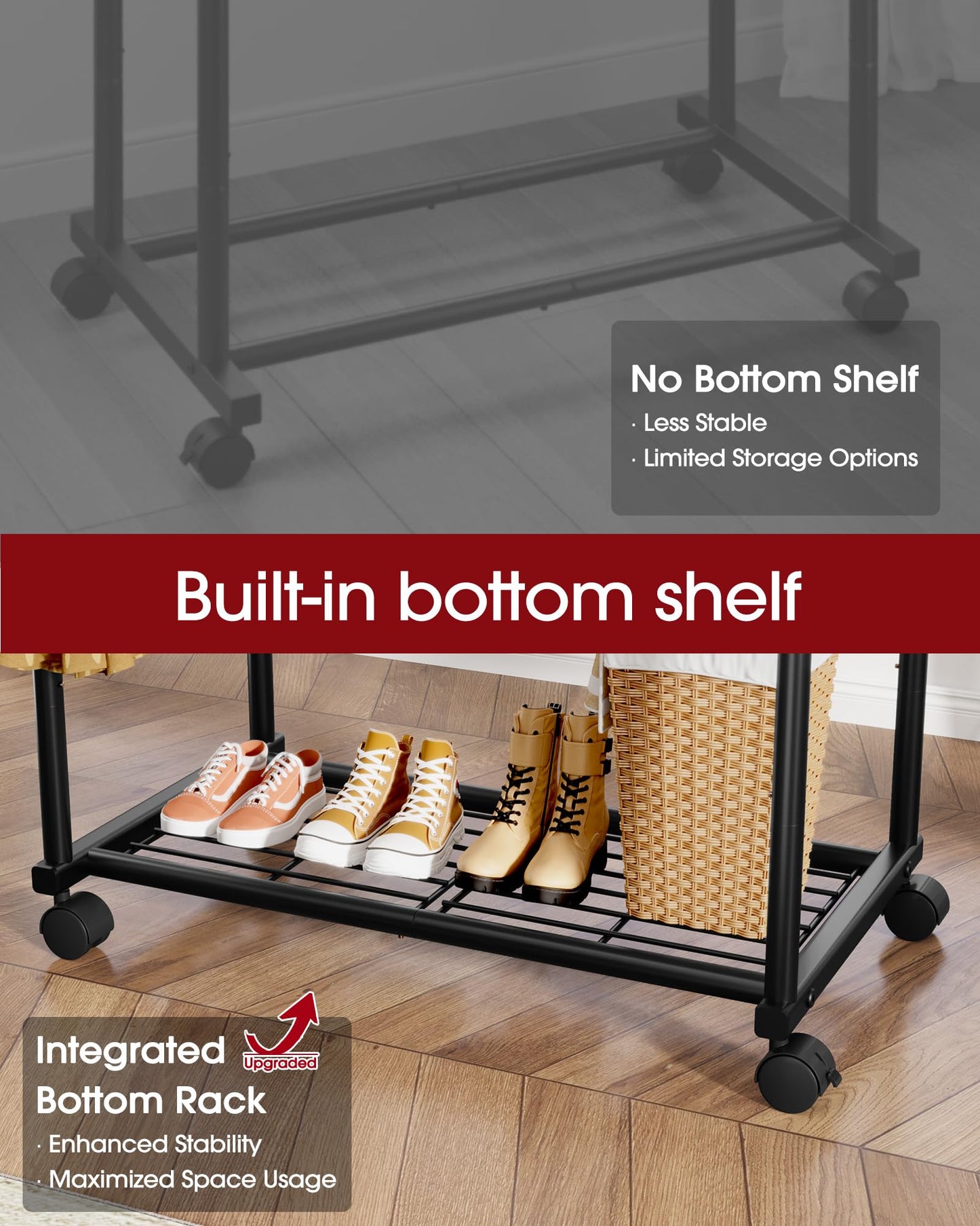 Sakugi Double Rod Clothing Rack with Shelf & Wheels, 98x42x150cm, Black