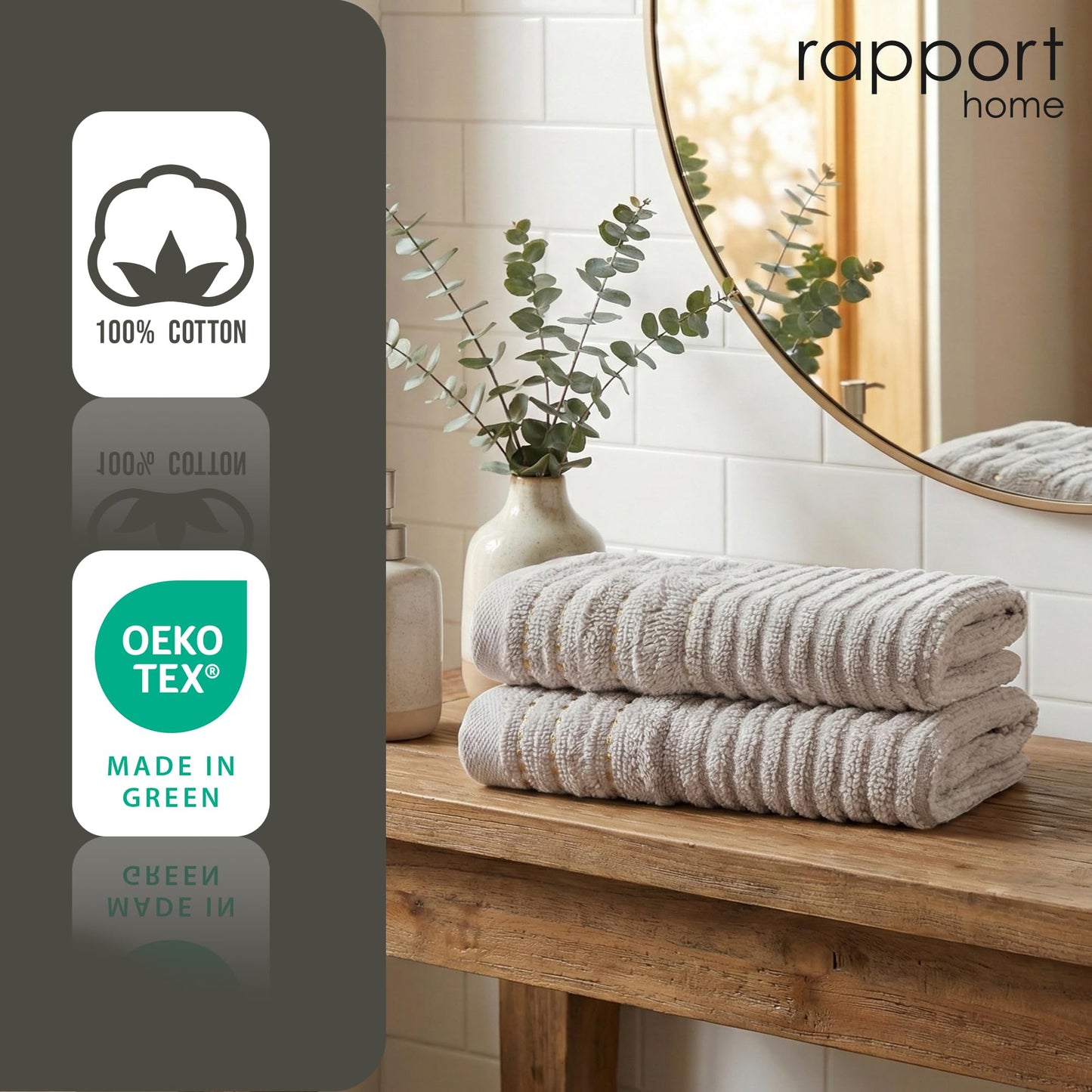Rapport Home Linear Bath Towels 2-Pack | Dove Grey | 70x120cm | 100% Cotton 500gsm | Oeko-Tex Made in Green & BCI Certified