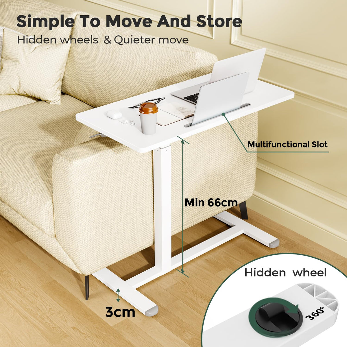 Gibbon Mounts Mobile Standing Desk, 80x40cm Overbed Bedside Table on Wheels