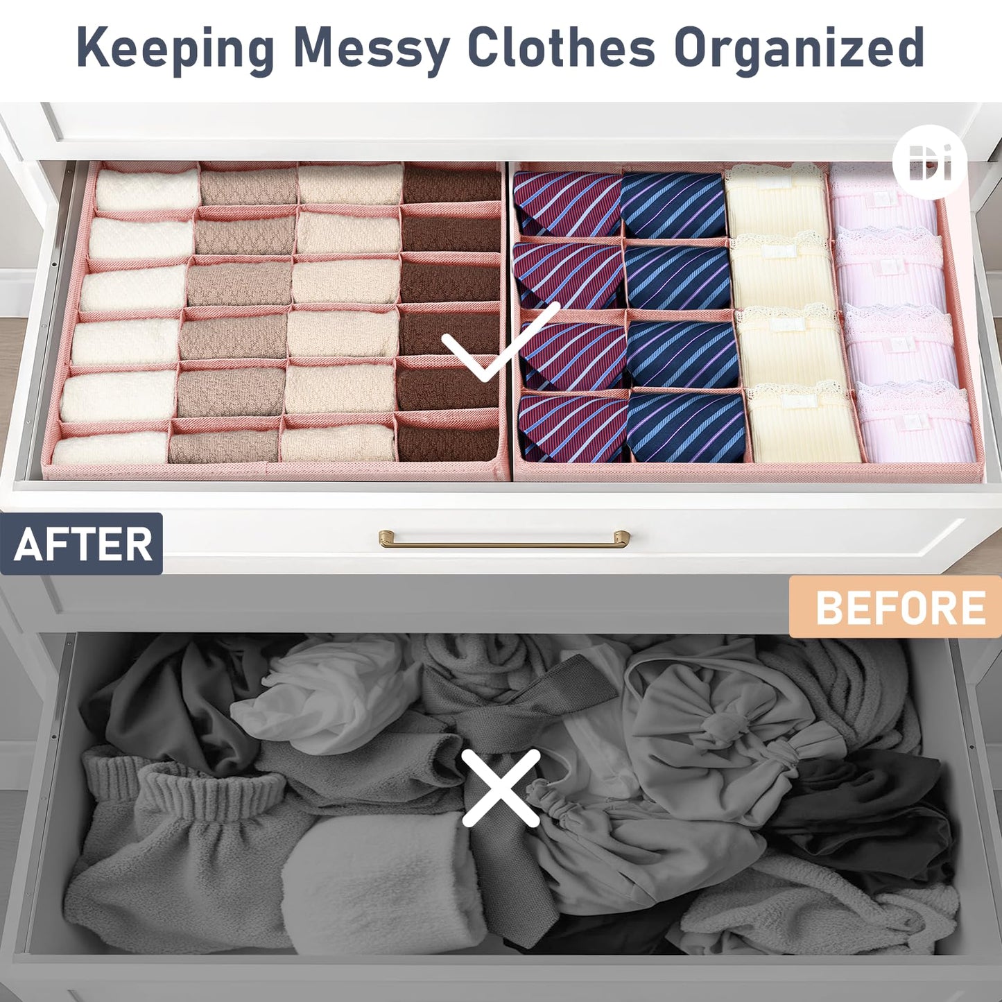 DIMJ Sock Organizer Drawer Dividers - 2 Pack Underwear Organiser, 24 Cells Collapsible Closet Organisers and Storage Sock Holders Organisers for