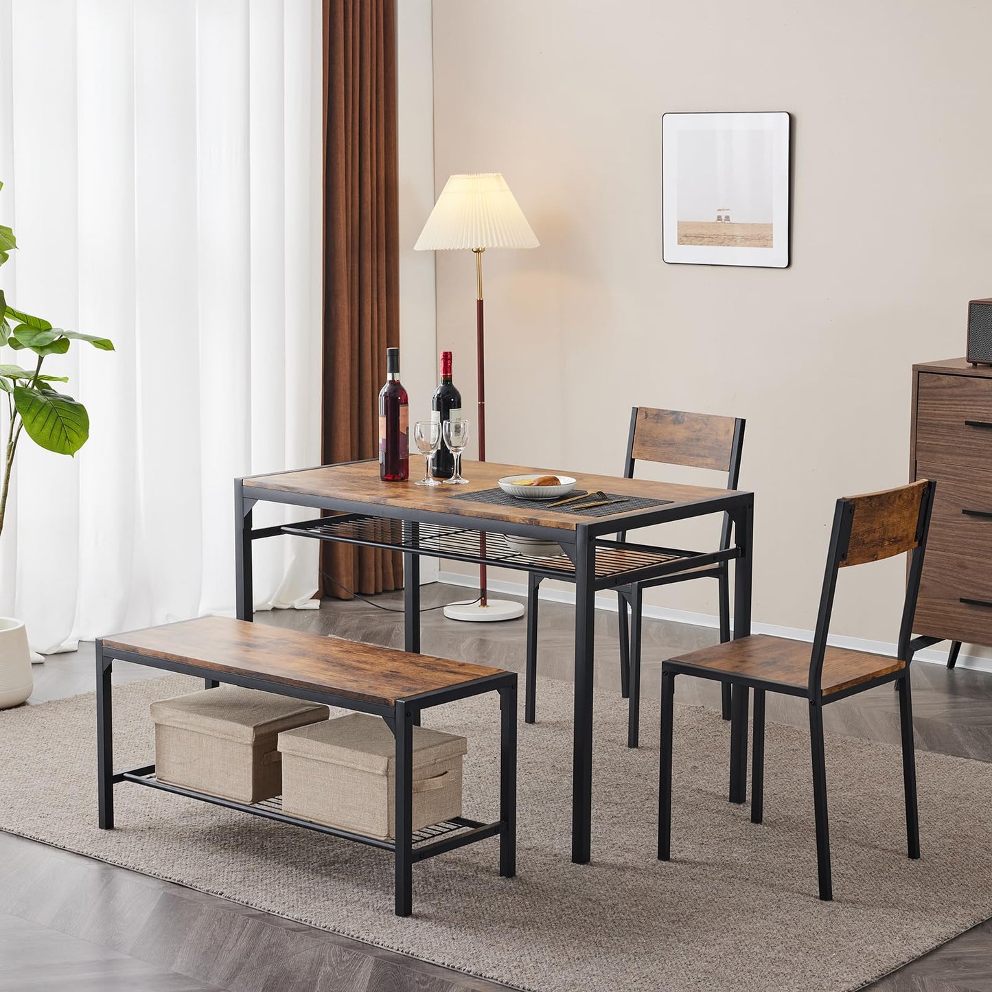Bonnlo 4 Piece Dining Table Set for 4, Kitchen Table with 2 Chairs and a Bench, Space Saving Small Dining Set with Storage Shelf