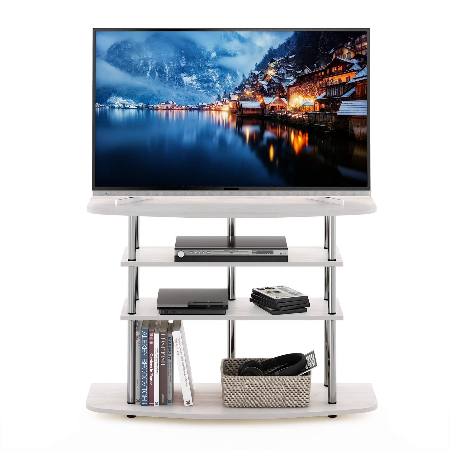 Furinno TURN-N-TUBE TV Stand, 4-Tier Entertainment Center, TV Console for TV up to 46 Inch, for Living Room, Bedroom, White Oak