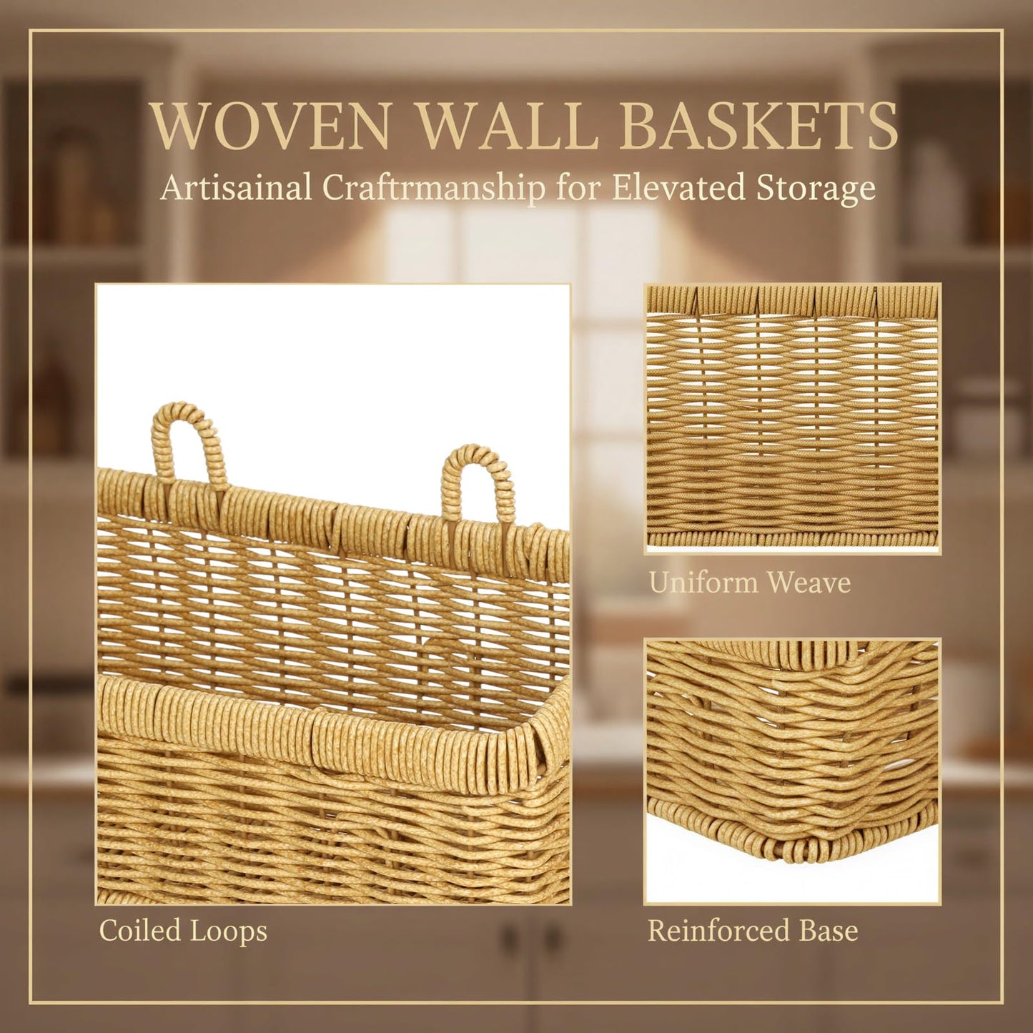 2 Pcs Wall Hanging Basket Set, Rattan Storage Basket with Hooks,2 sizes for kitchen bathroom garden