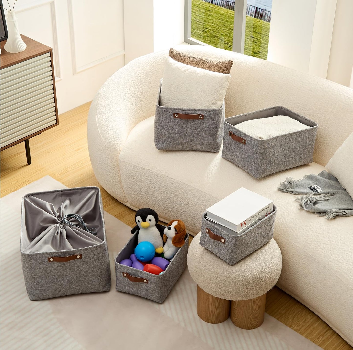 Mangata Set of 3 Fabric Storage Boxes, Small Storage Basket with Handles for underwear, sock, towel (Small, Grey)