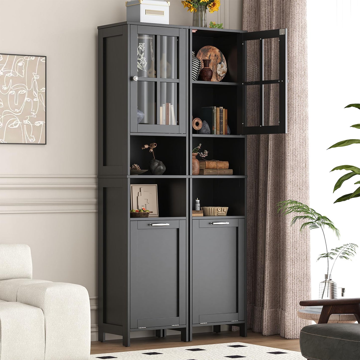 Feonase Tall Bathroom Cabinet with Removable Laundry Basket, Slim Freestanding Storage Organizer with Acrylic Door and 4 Shelves for Bathroom