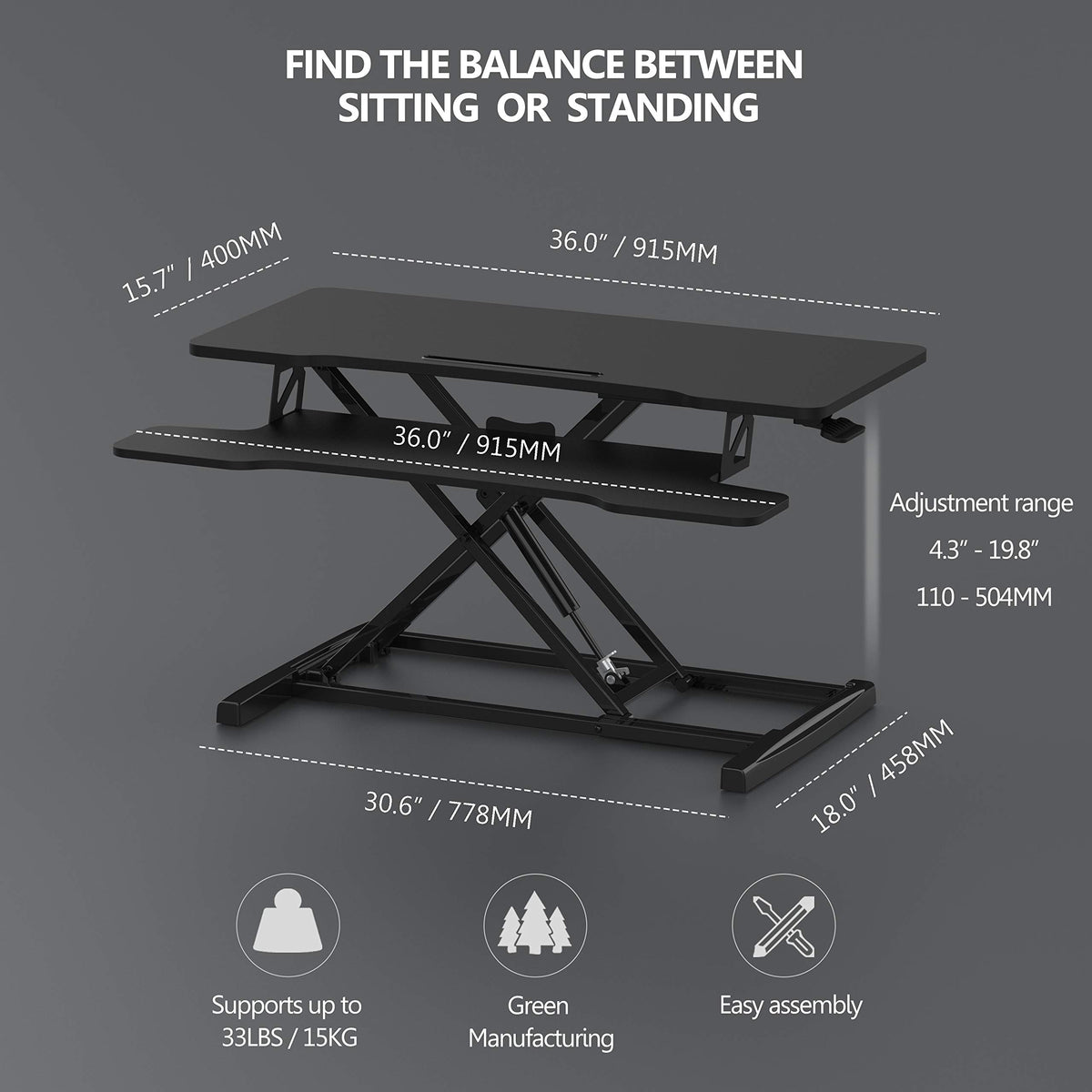 FITUEYES Standing Desk Converter 91.5x40 cm Height Adjustable Sit Stand Desk with Large Keyboard Tray and Phone Holder for Computer Laptop Dual