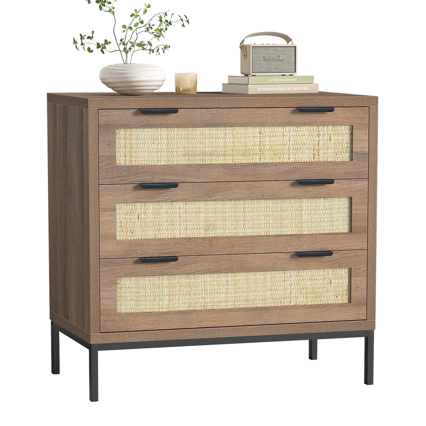 Skokliz Rattan Chest of Drawers with 3 Drawers, Storage Organizer for Bedroom, Wide Dresser Chest of Drawers, Modern Wooden Storage Unit for Hallway