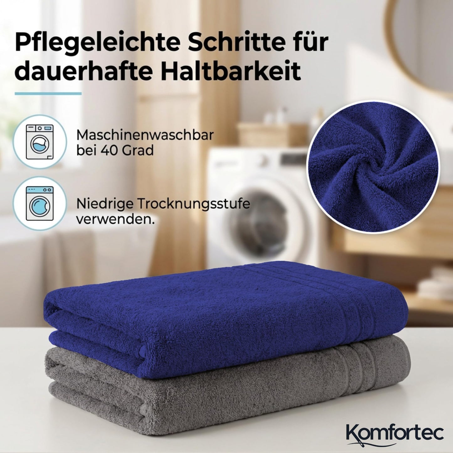Komfortec Jumbo Bath Towels, 100% Cotton, Quick Dry, 80x200, Grey & Royal Blue