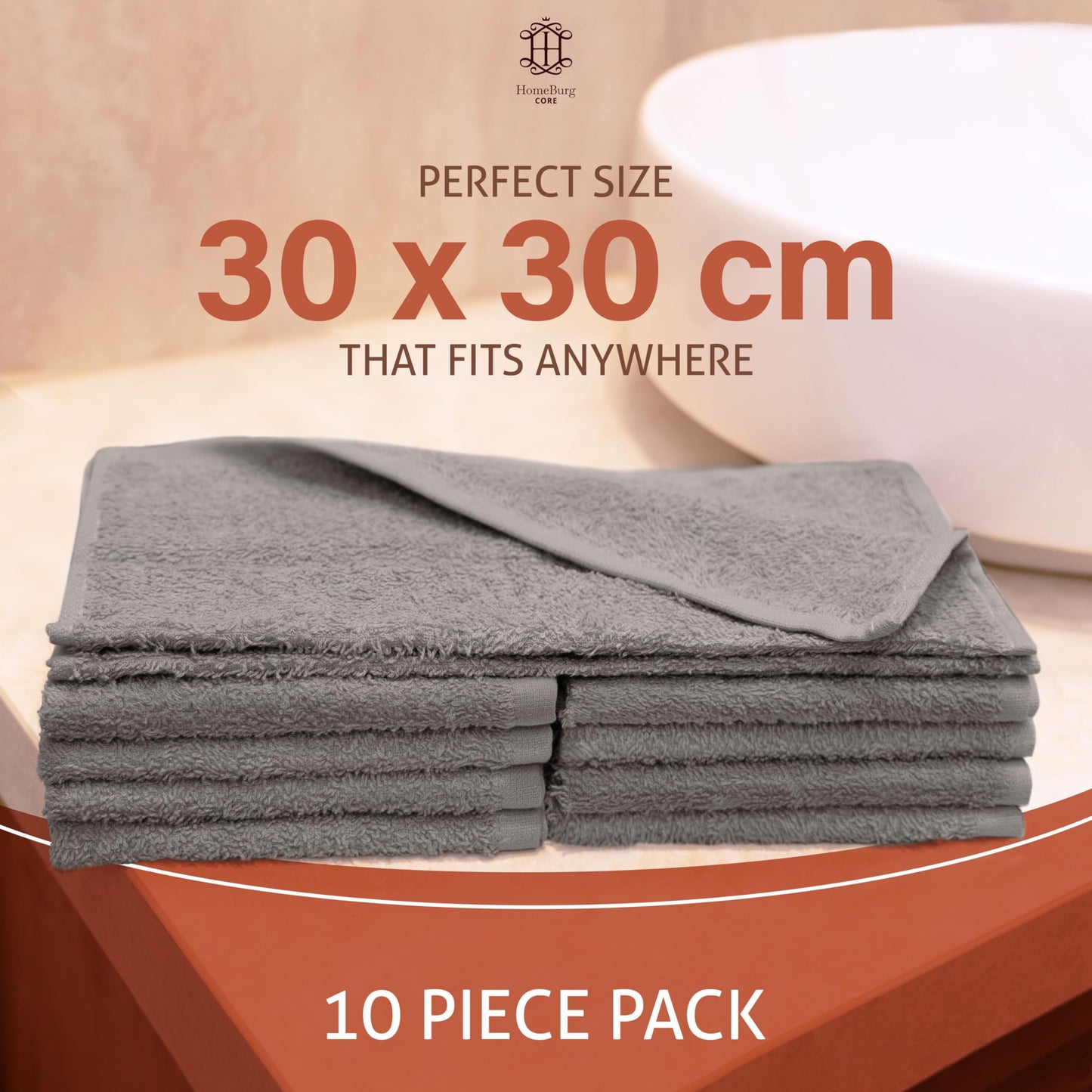 HomeBurg CORE 10-Piece Cotton Washcloths for Bathroom and Kitchen