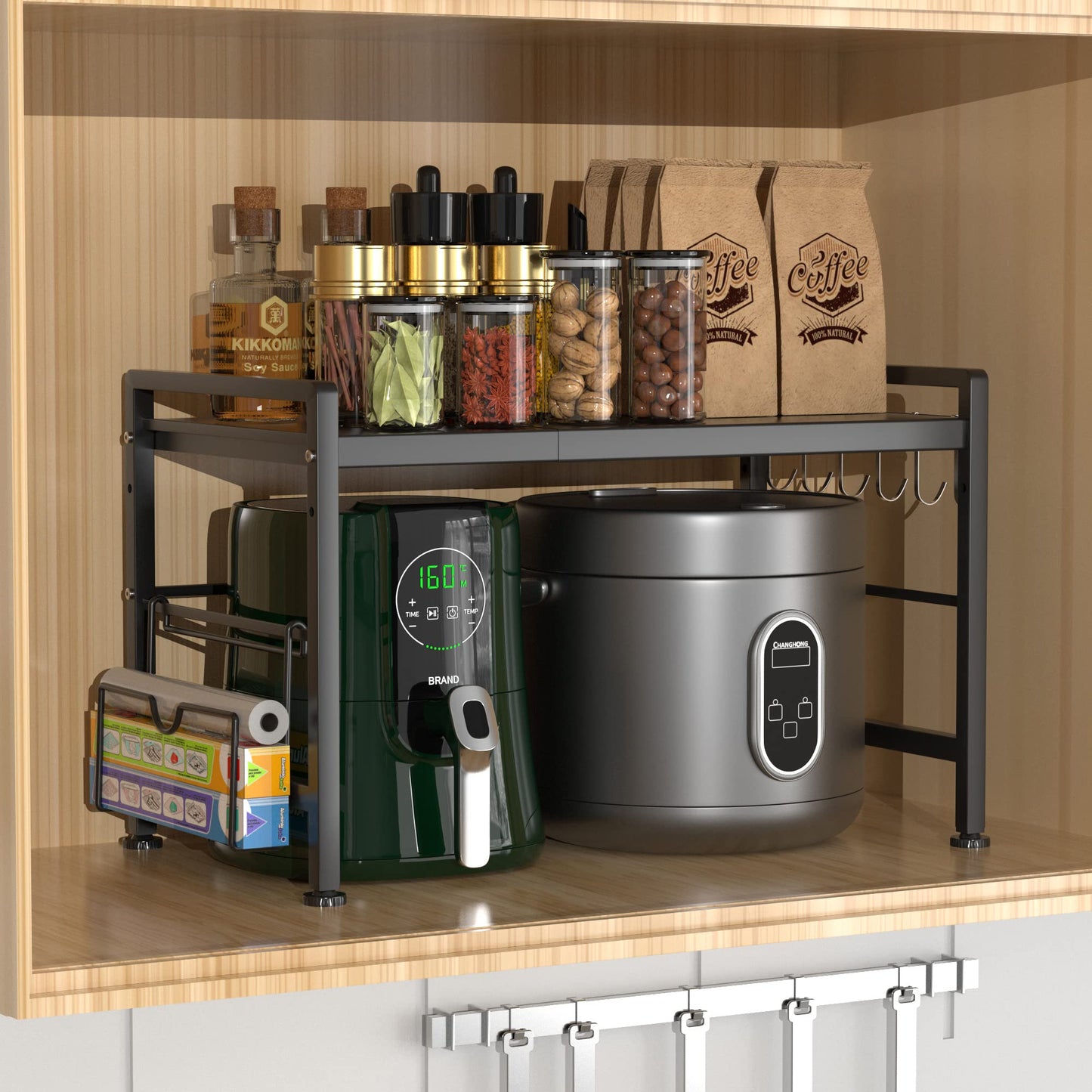 EKNITEY Extendable Microwave Oven Rack - Adjustable Kitchen Counter Shelf, 2 Tier Microwave Stand (L15.7~23.6" xW12.8 xH17.7) with 6 Hooks for Kitchen