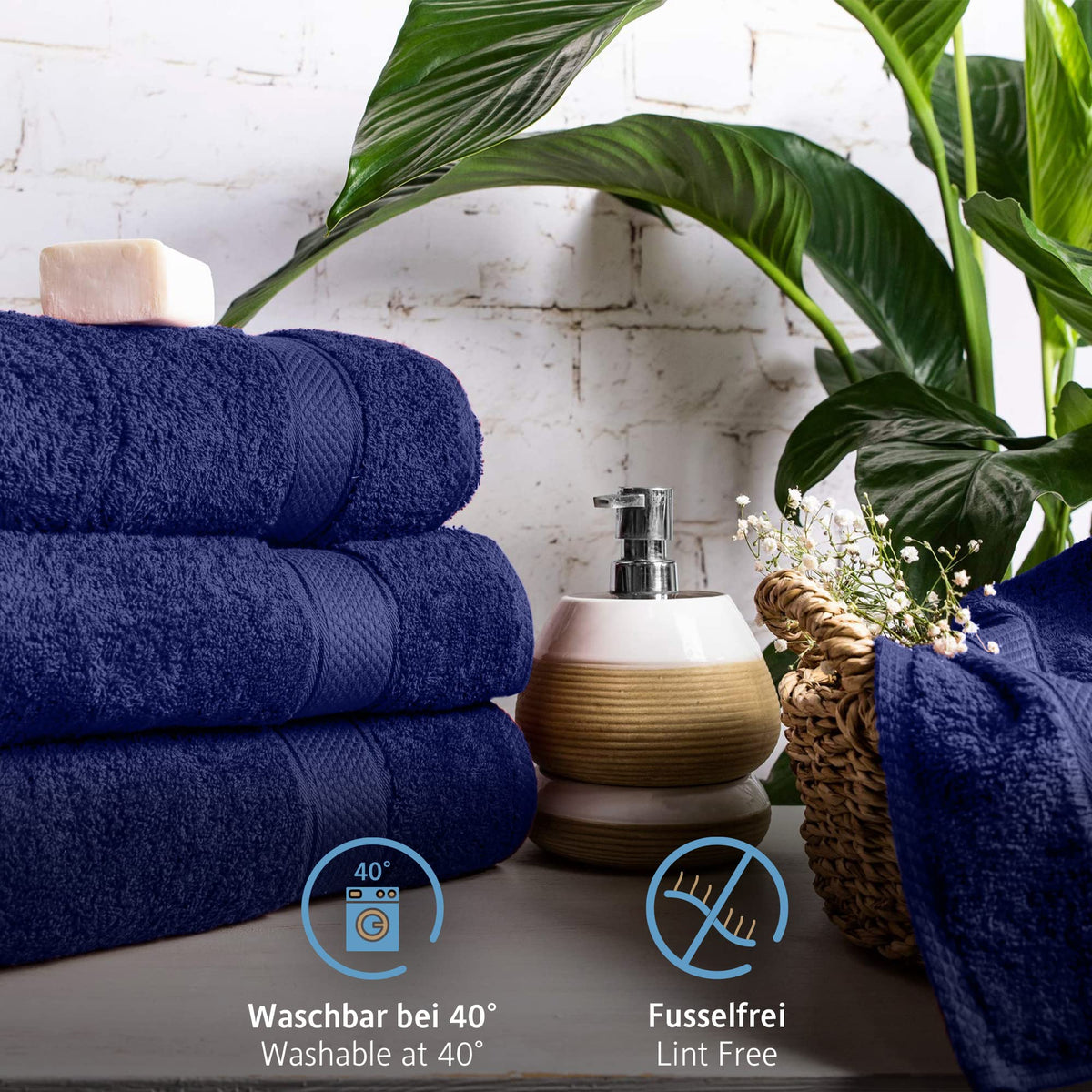 Komfortec Set of 2 Hand Towels 100% Cotton 2 Hand Towels 50 x 100 cm Terry Towelling Soft Navy Blue