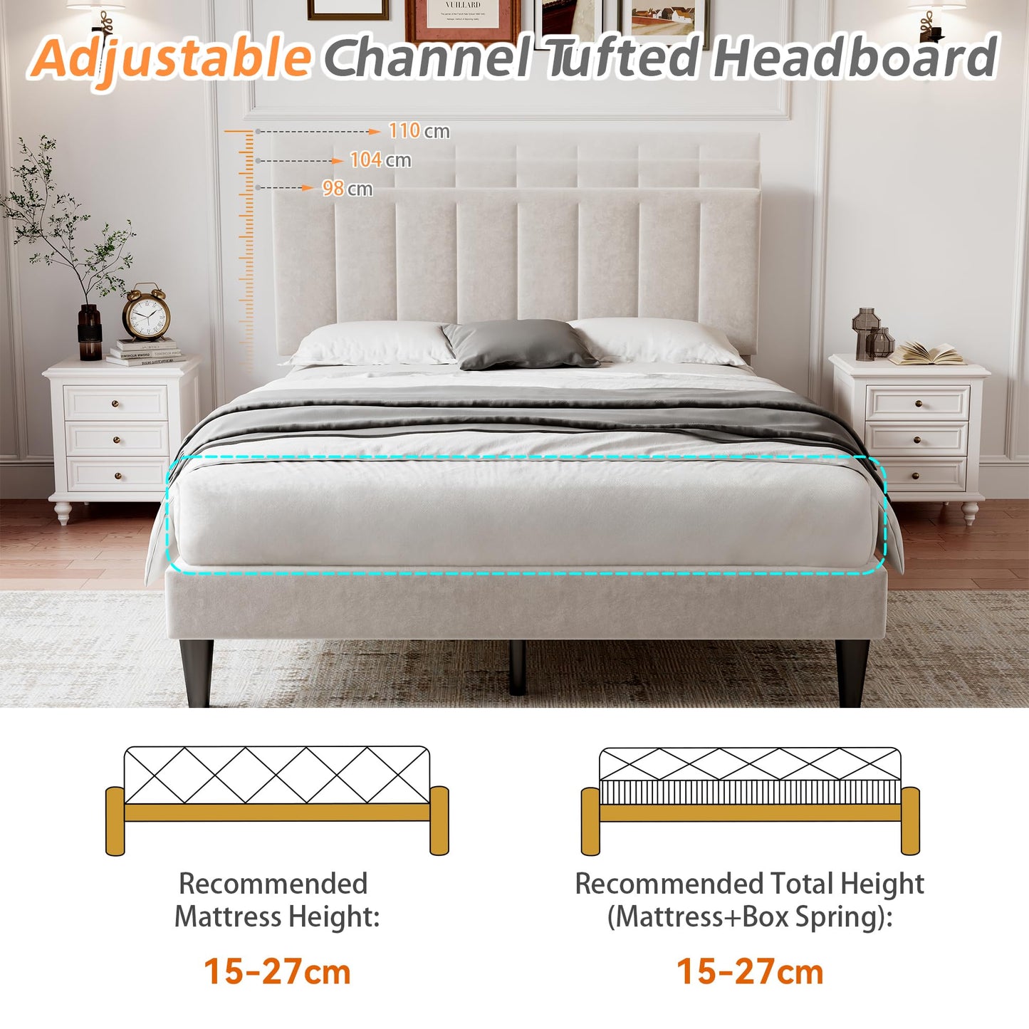 Merax 4ft6 Upholstered Bed Double Bed Frame with Adjustable Headboard,Children's bed,Youth bed,Guest bed,Velvet, Solid Wood Slats,Easy Assembly