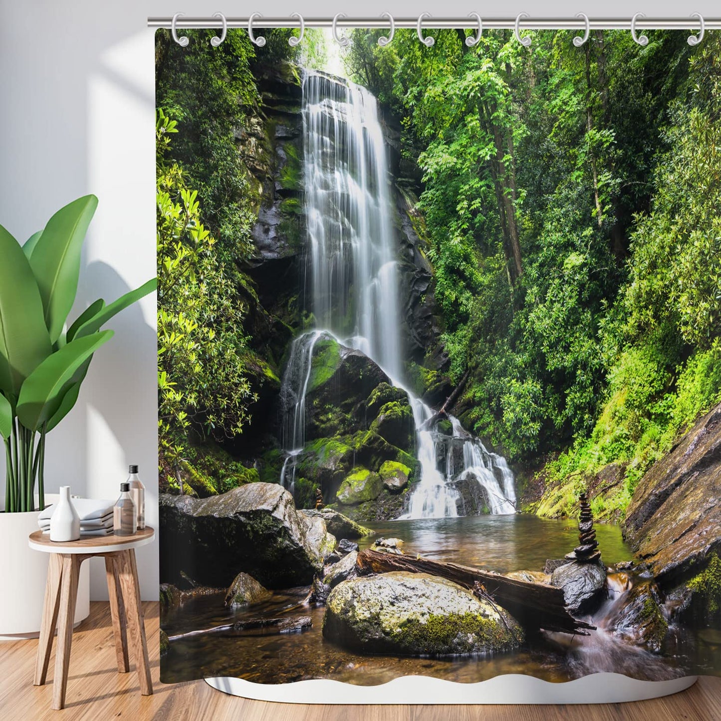 Hnmdmyi Forest Shower Curtain 240x180, Tropical Jungle Rainforest Green Tree Plant Nature Landscape Waterfall Scenery Bathroom Curtains Waterproof