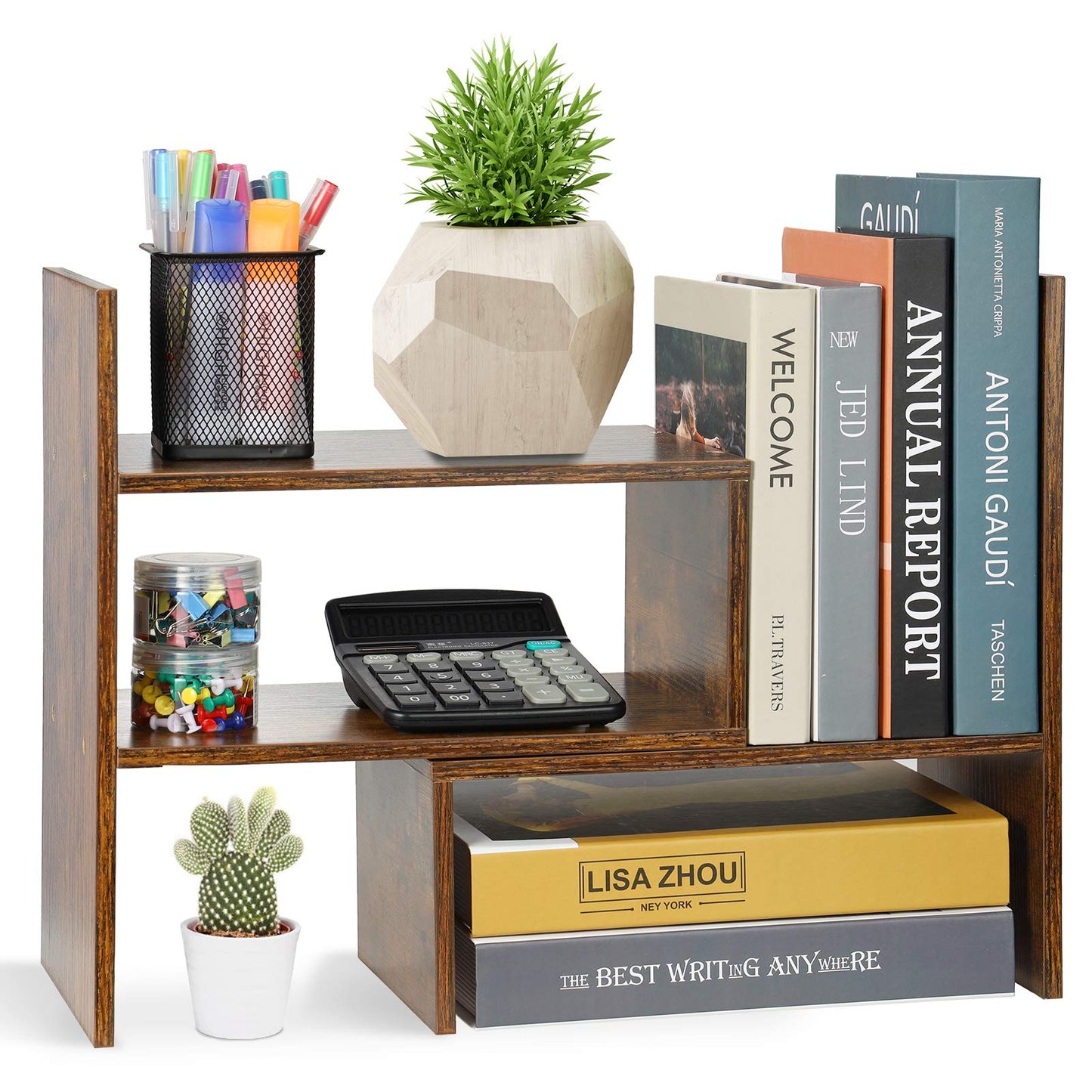 JIIKOOAI Wood Desk Storage Organizer, Desktop Display Shelf Rack, Rustic Bookshelf for Office & Home, Expandable Desktop Storage Rack