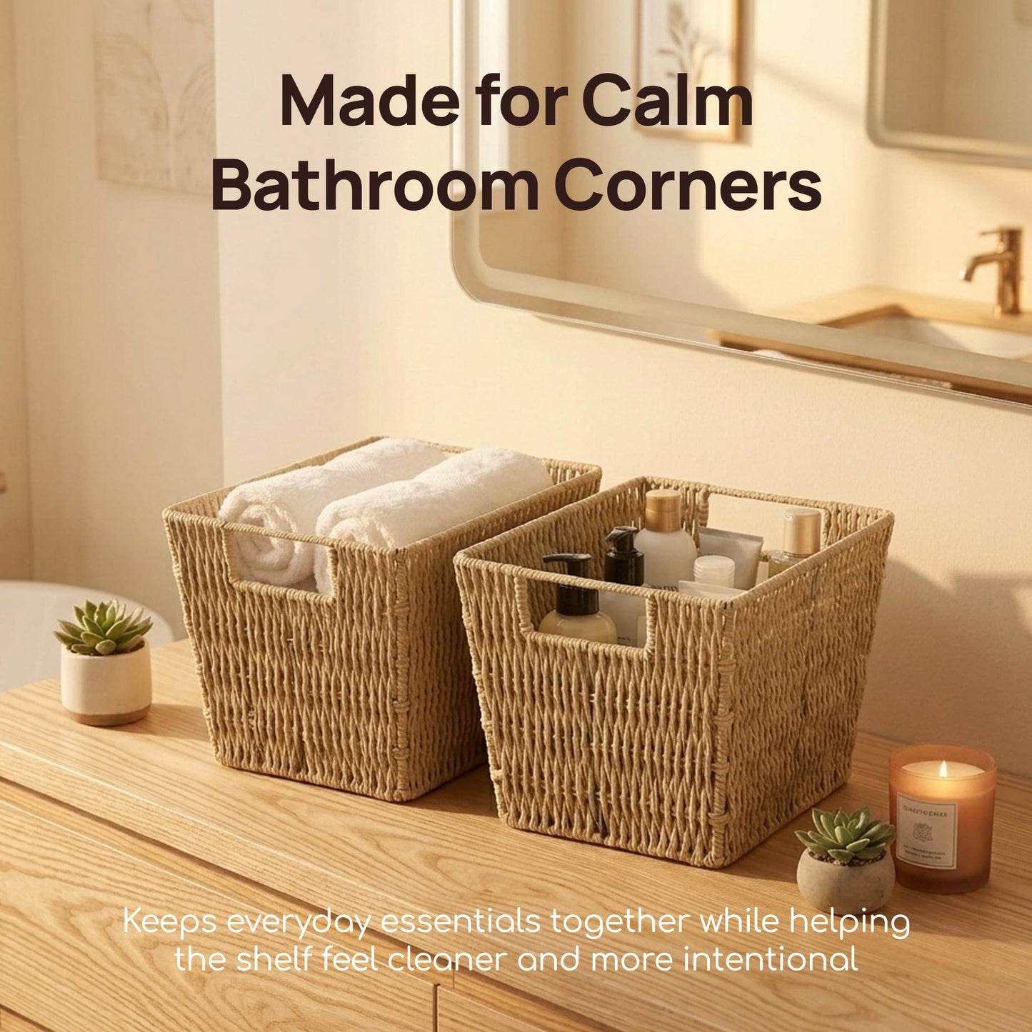 Viviendo Woven Storage Baskets Set of 2, Beige Rope Bins for Shelves