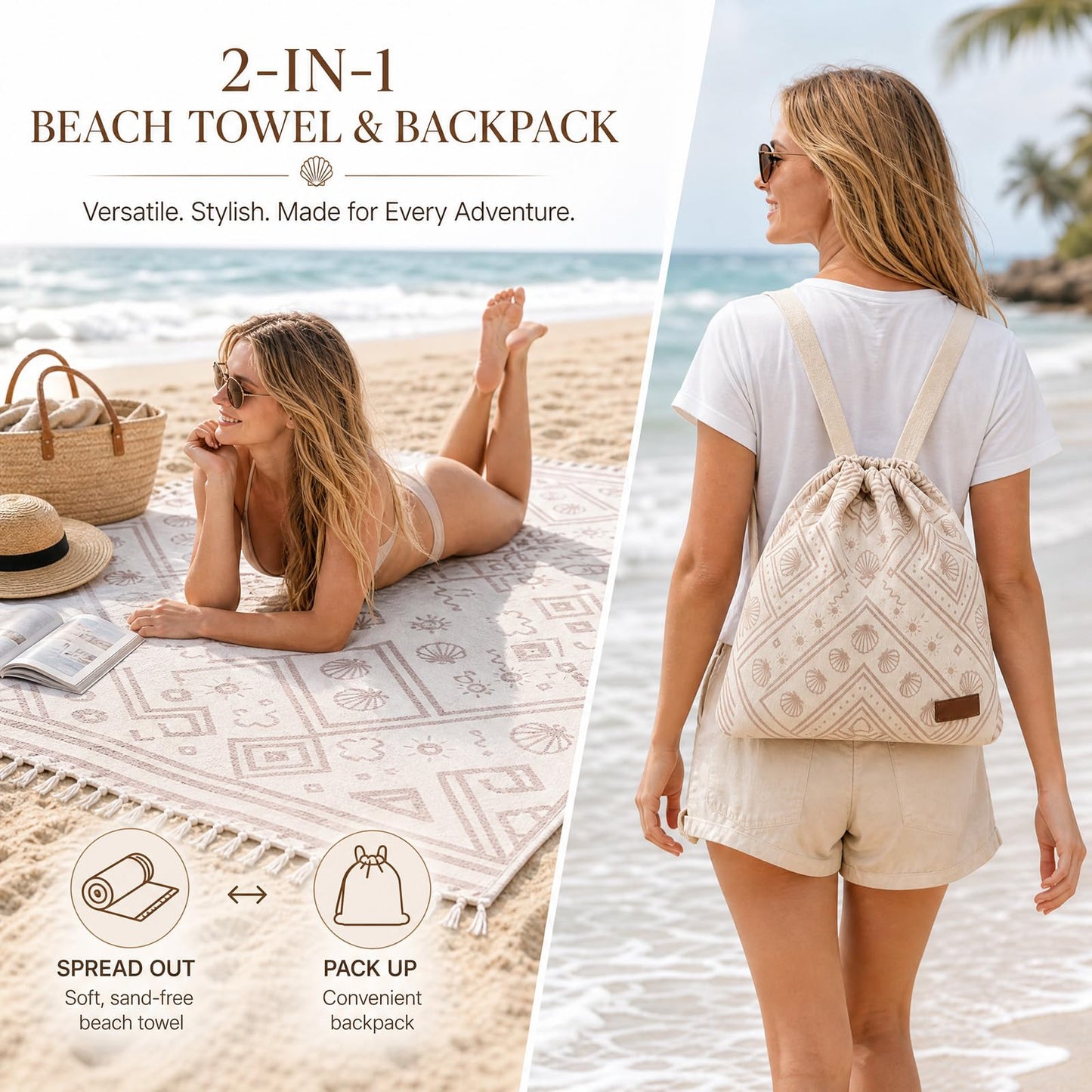 Ruichi 2 in 1 Beach Towel Bag, Convertible Drawstring Beach Towel Backpack
