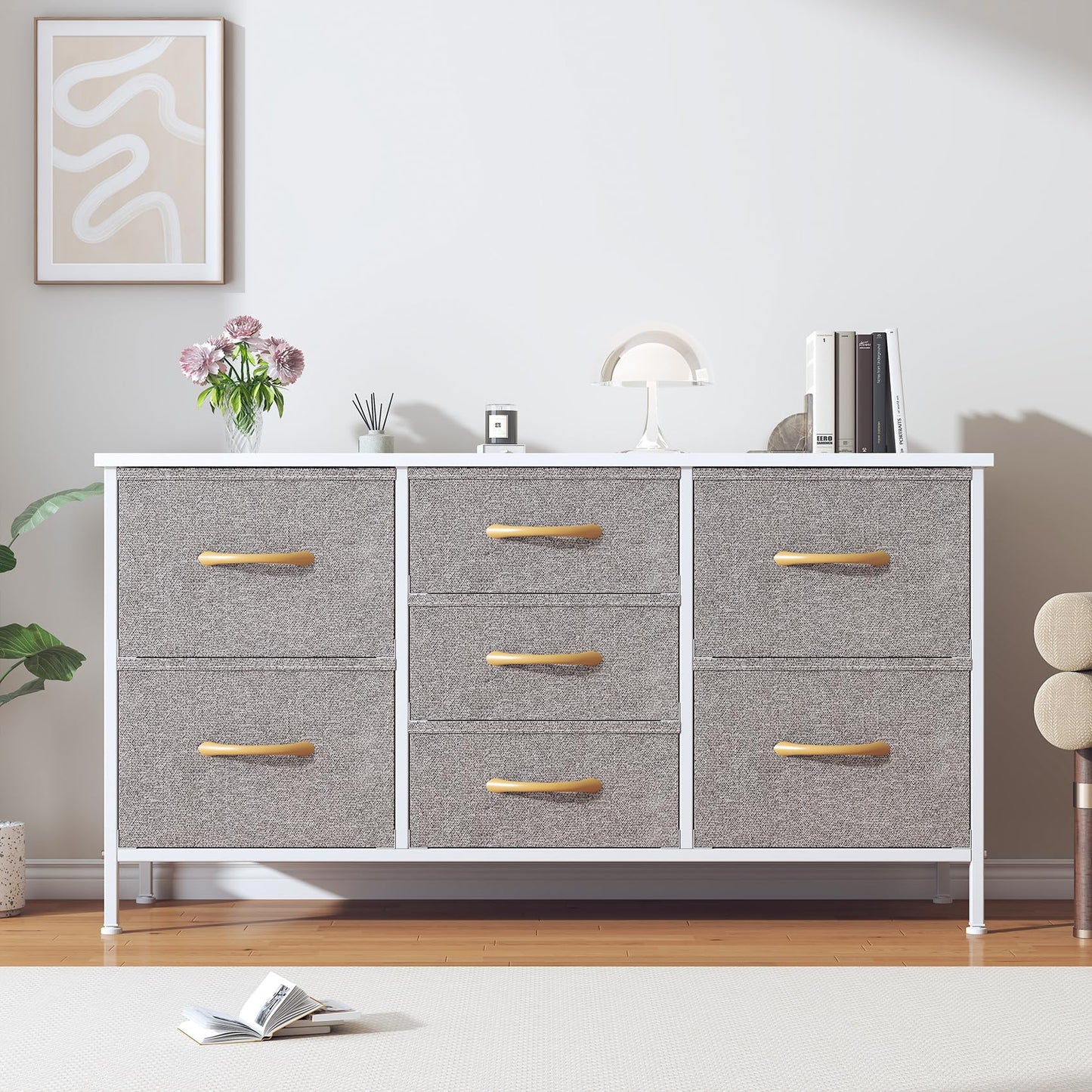 Feonase Chest of Drawers,Bedroom Dresser with 7 Fabric Drawers, Metal Frame & MDF Wood Top, Adjustable Feet, Storage Organizer Unit for Bedroom