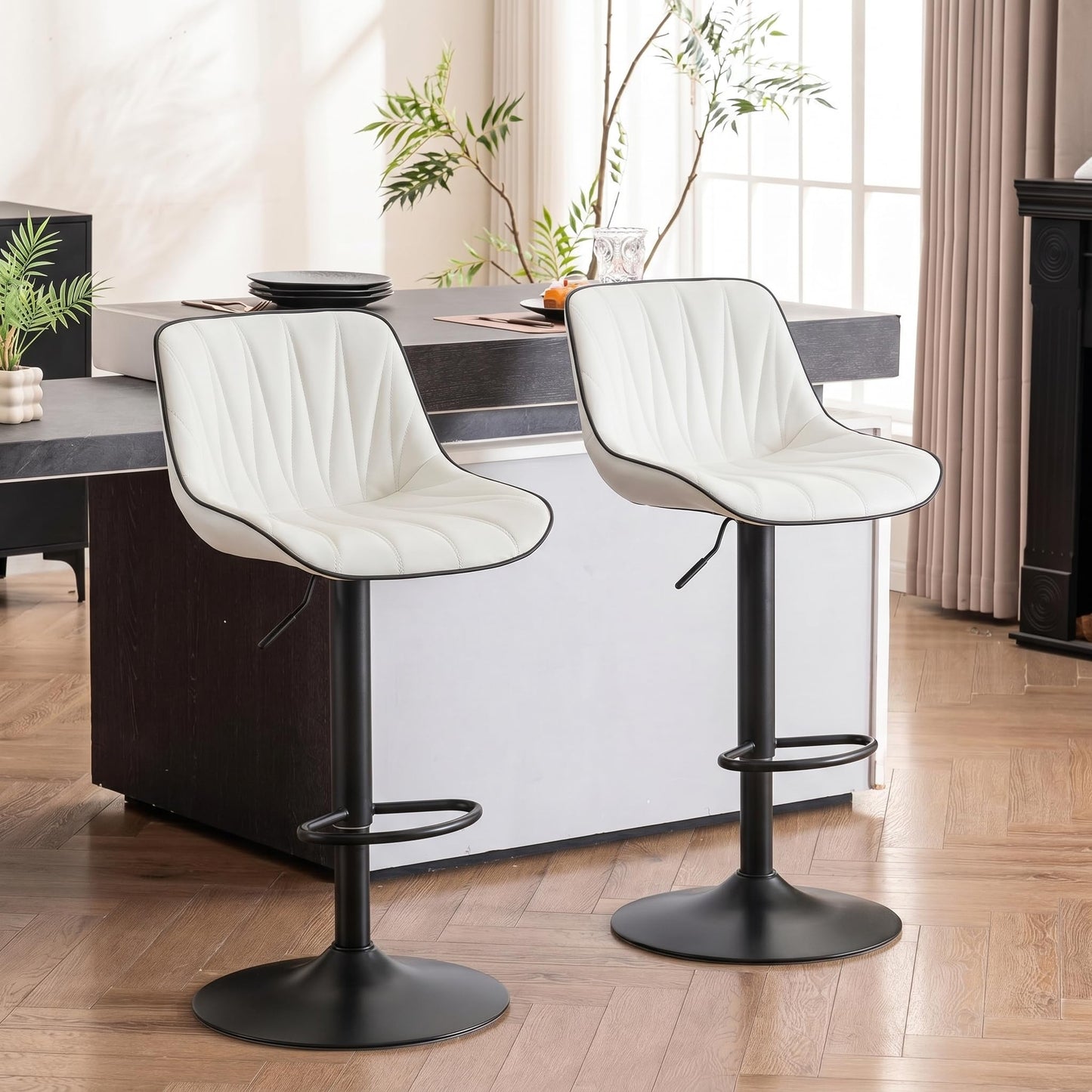 YOUNIKE Bar Stools Set of 2, Swivel Tall Barstools with Back, Adjustable Height Faux Leather Upholstered Modern Counter Height Bar Chairs, White