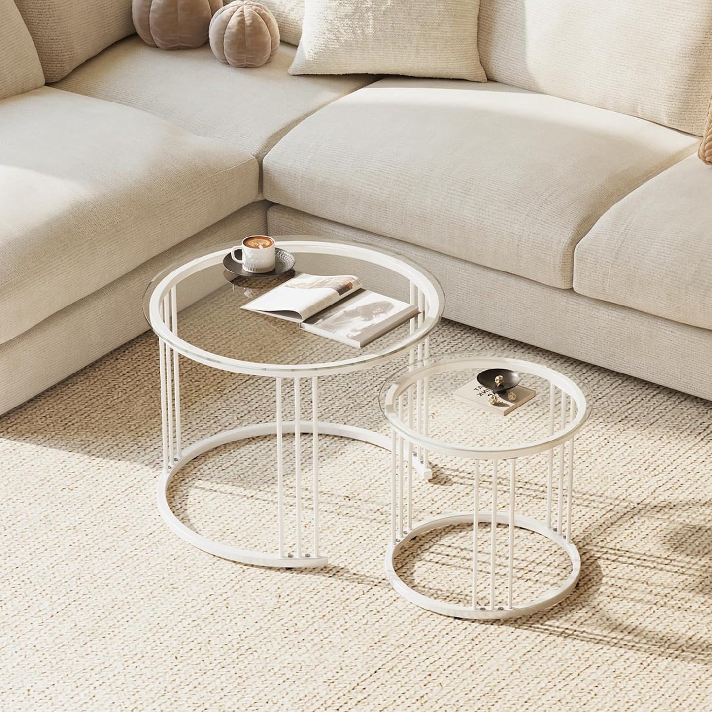 Huhote Round Coffee Tables, Set of 2 End Table, Nesting Tables, Side Table with Metal Frame for Living Room/Bedroom/Balcony/Office/Apartment