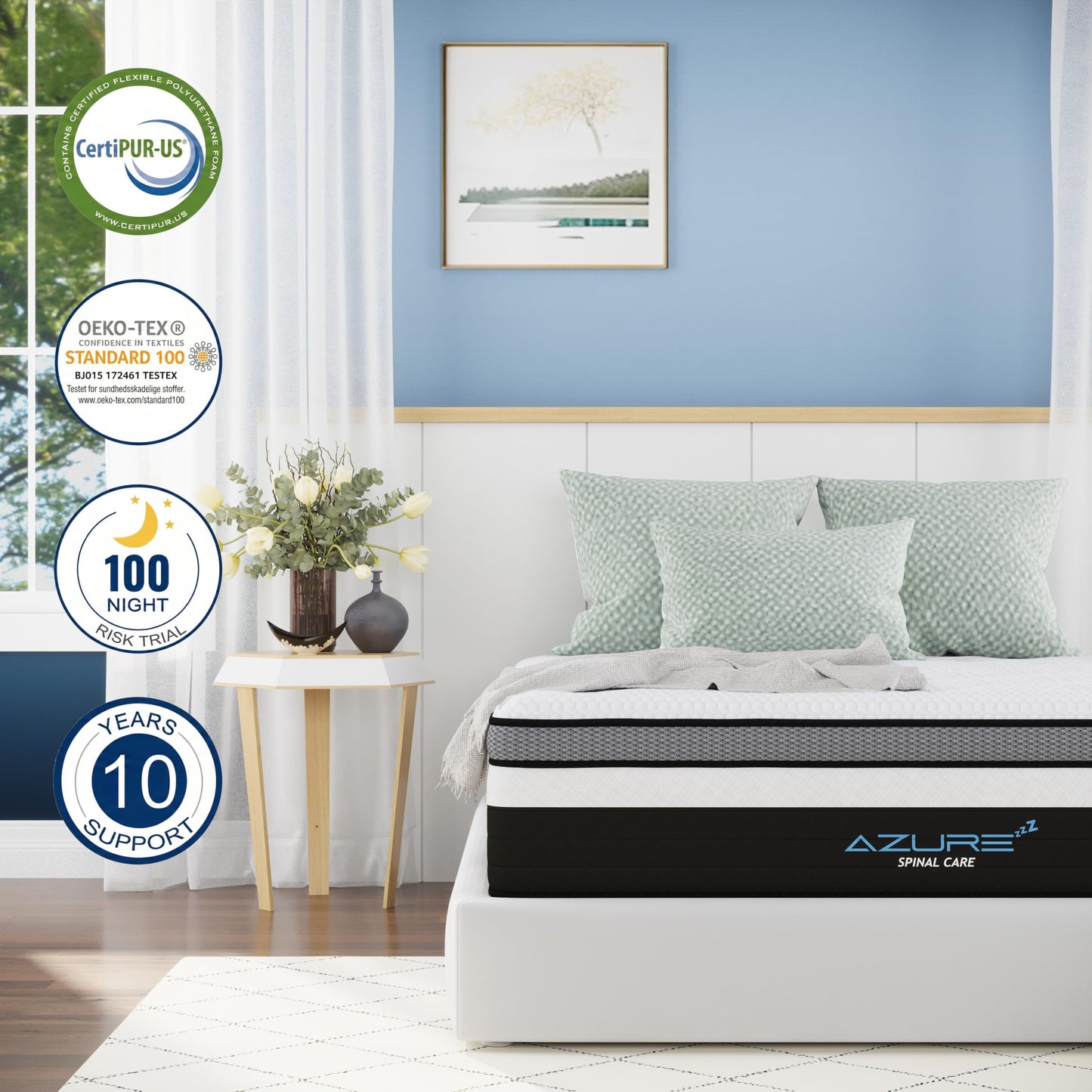 Azure Spinal Care 5FT King Mattress - Medium Firm Orthopedic Support - 100 Night Trial - 10 Inch Hybrid Gel Memory Foam for Back Pain Relief