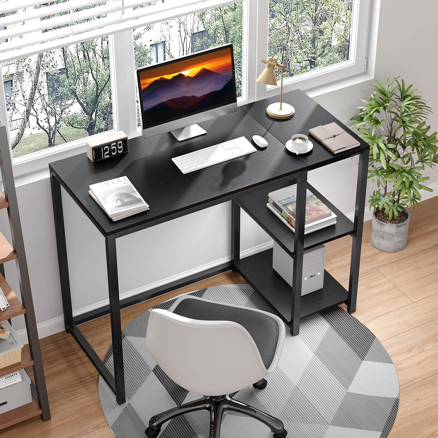 WOHOMO Computer Desk with Storage 120cm Table with 2-Tier Shelves, Black