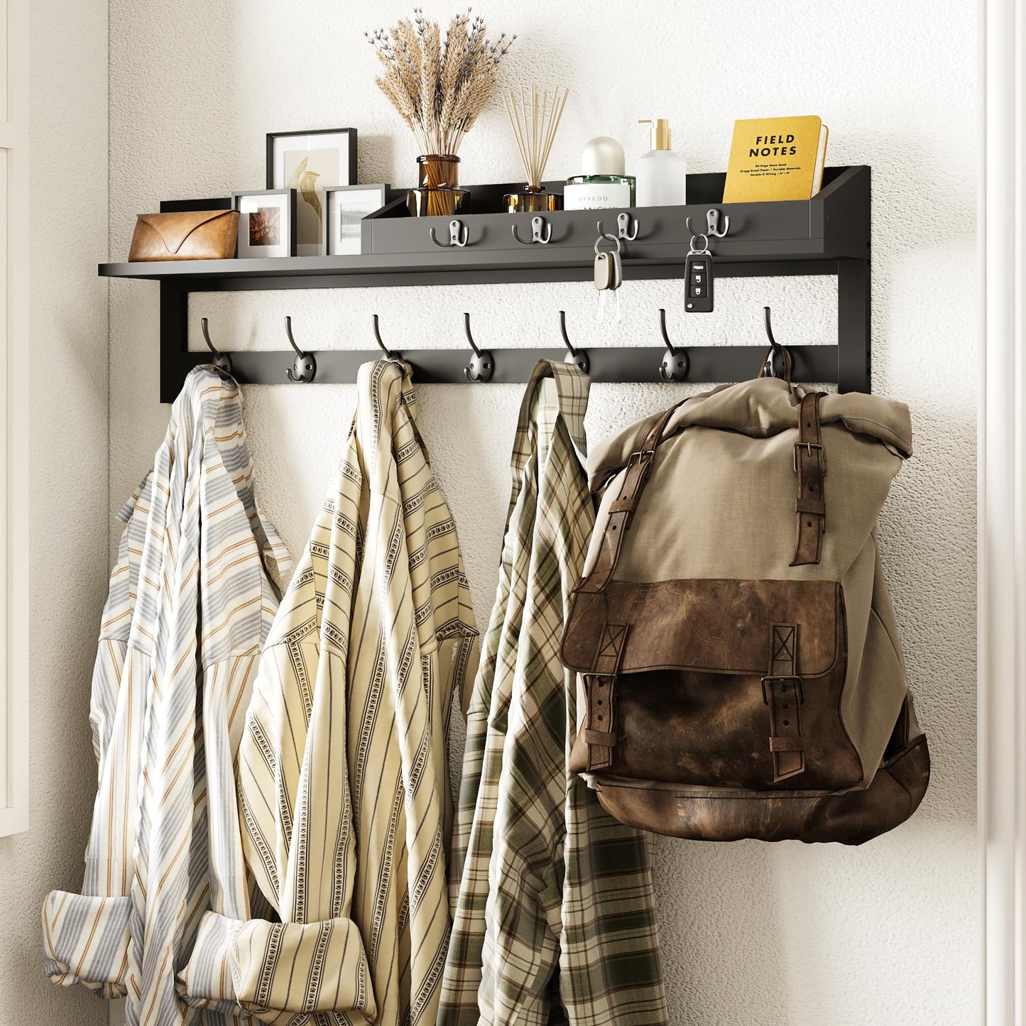 AMBIRD 89cm Wall-Mounted Coat Rack, Large Coat Hanger, Entryway Shelf with 7 Dual Hooks and 4 Key Hooks, Mail Organiser, Wooden Key Holder (Black)
