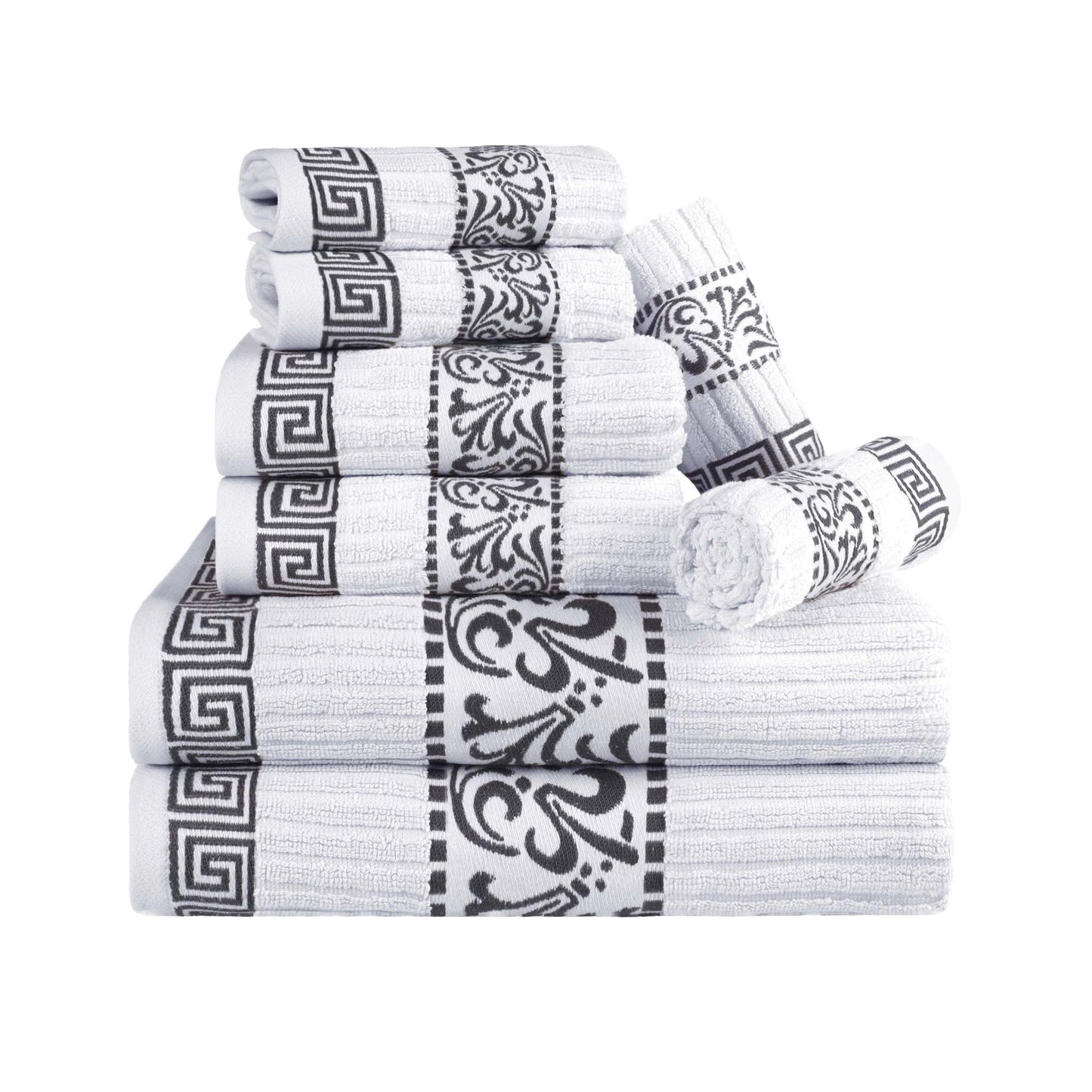 Superior 8-Piece Cotton Towel Set, Decorative Greek Pattern, Home Essentials, Absorbent Towels, Decor for Bathroom, Spa, Includes 2 Hand
