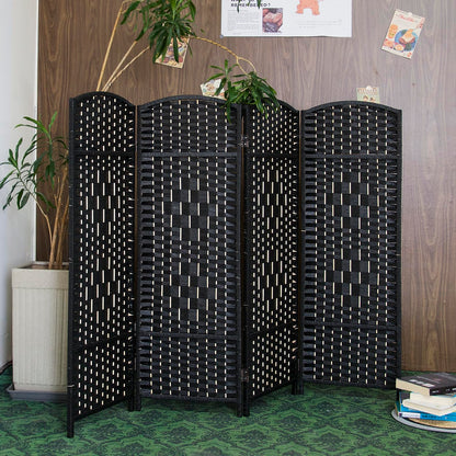 Furnnylane 4 Panel Black Rattan Divider Short Room Partition Screen,Double Sided Short Folding Divider for Room Separation,120 cm Tall