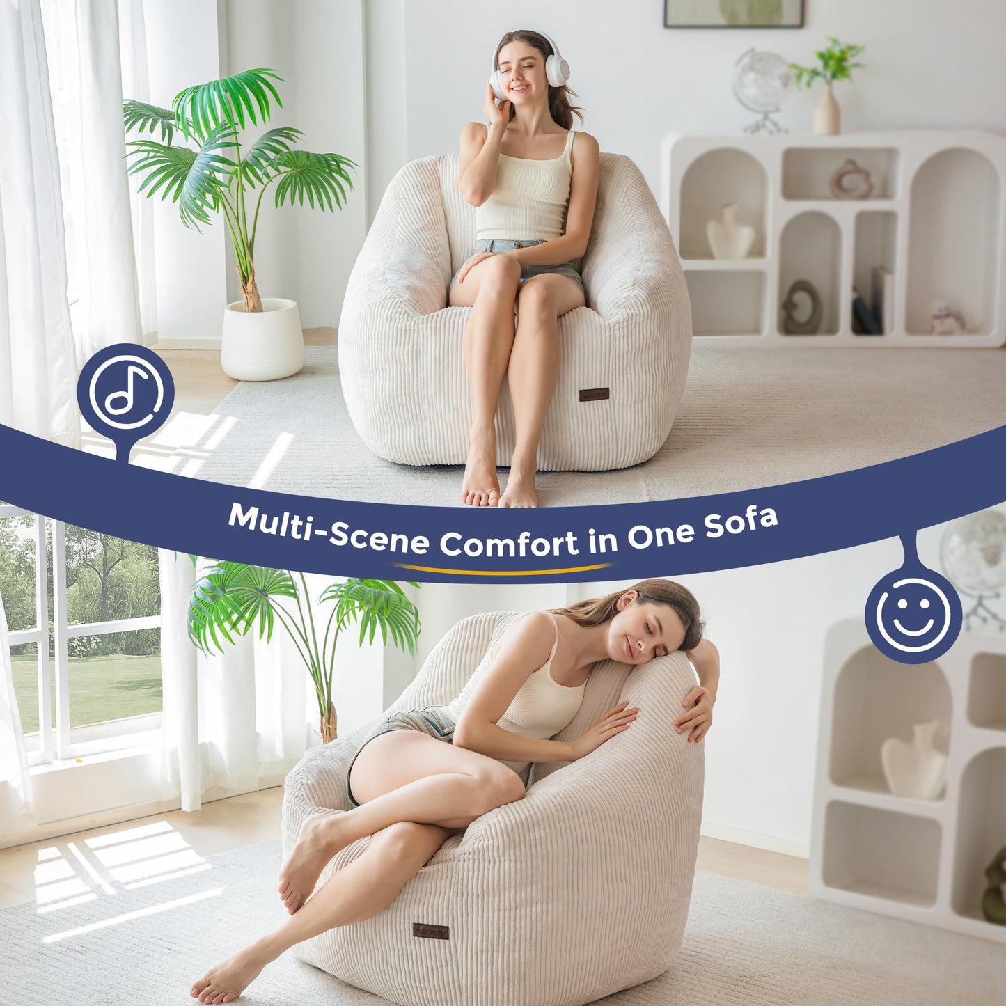 MAXYOYO Bean Bag Chair for Adults or Children, Soft Floor Single with Filling, Comfy Bean Bag Sofa with Back Support, Accent Chair