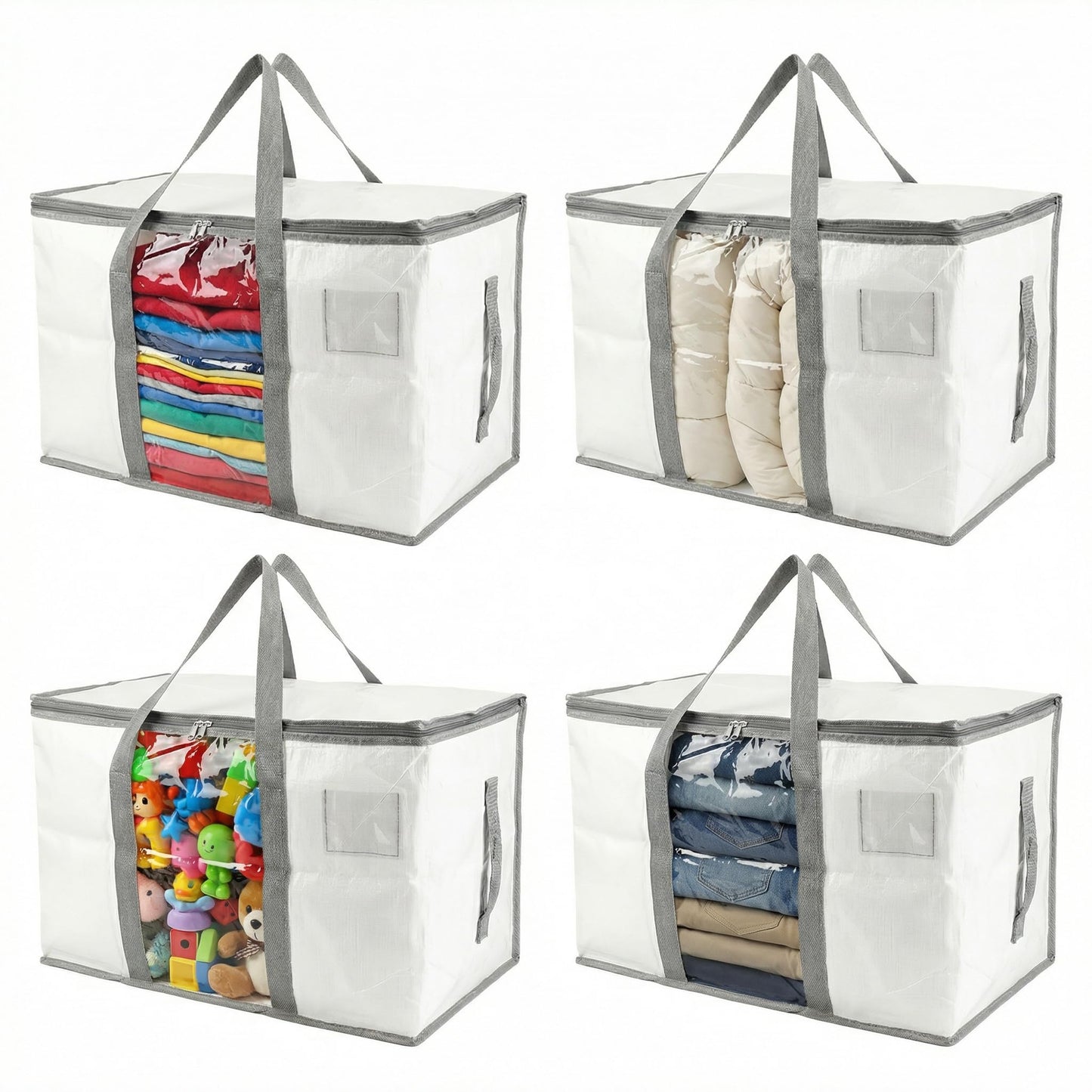 RLAVBL 90L Storage Bags with Zips 4 Pack, Heavy Duty Large Moving Bags with Handles and Label Pocket, Clear Window Packing Laundry Bags for Clothes