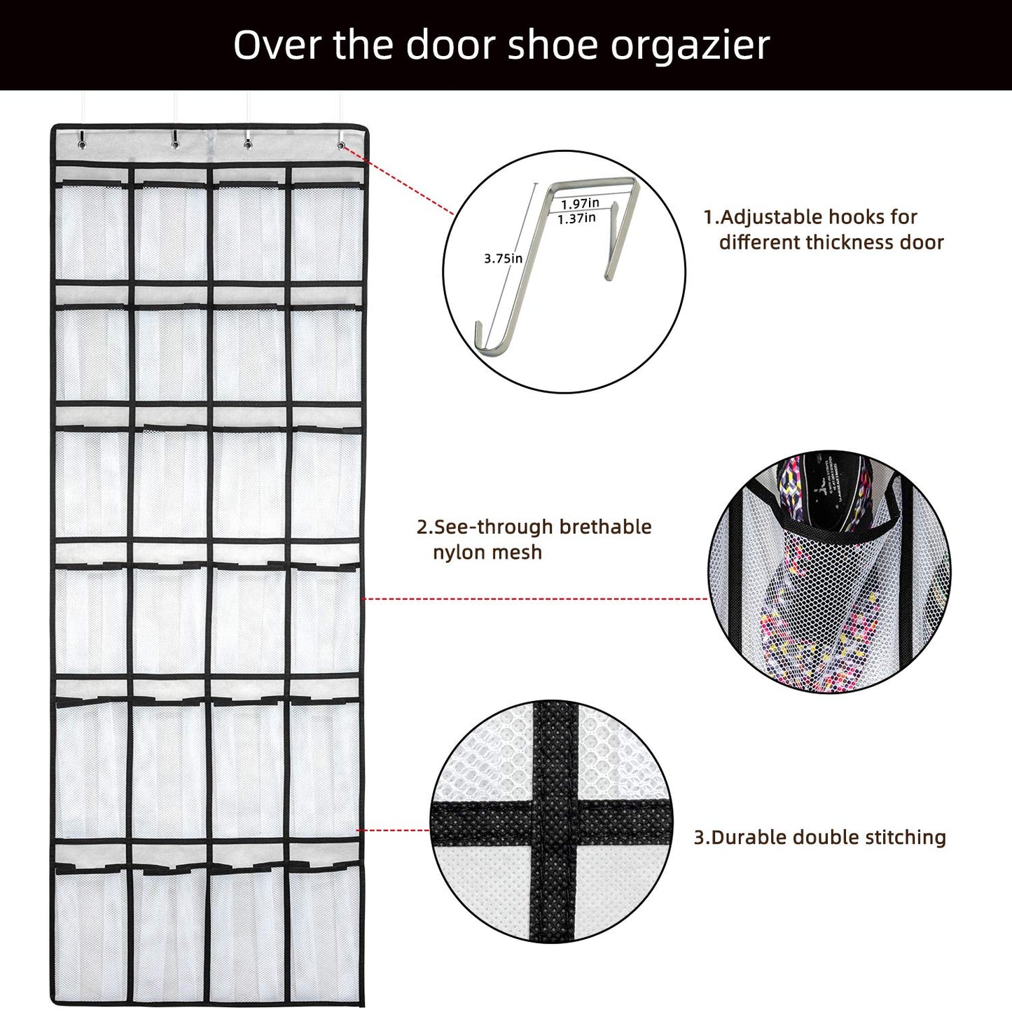 SAVERHO Over The Door Shoe Organizer, Hanging Shoe Organizer with 24 Mesh Large Pockets Door Shoe Rack Organizer for Men Women Kids Hanging Shoe