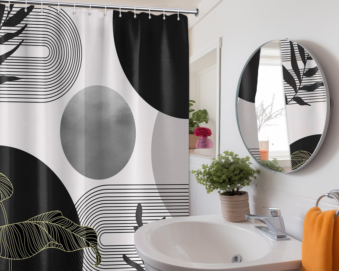 LanZanthic Black and White Boho Shower Curtains for Bathroom Dark Grey Mens Mid Century Modern Wet Room Shower Curtain with hooks