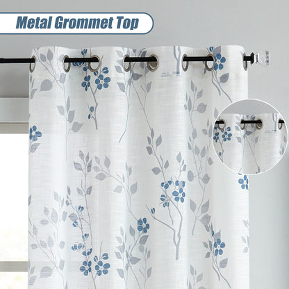 Beauoop Blue Grey Semi Sheer Floral Curtains for Living Room 90 Drop Linen Textured Farmhouse Curtains for Bedroom Leaf Printed Eyelet Rustic Drapes